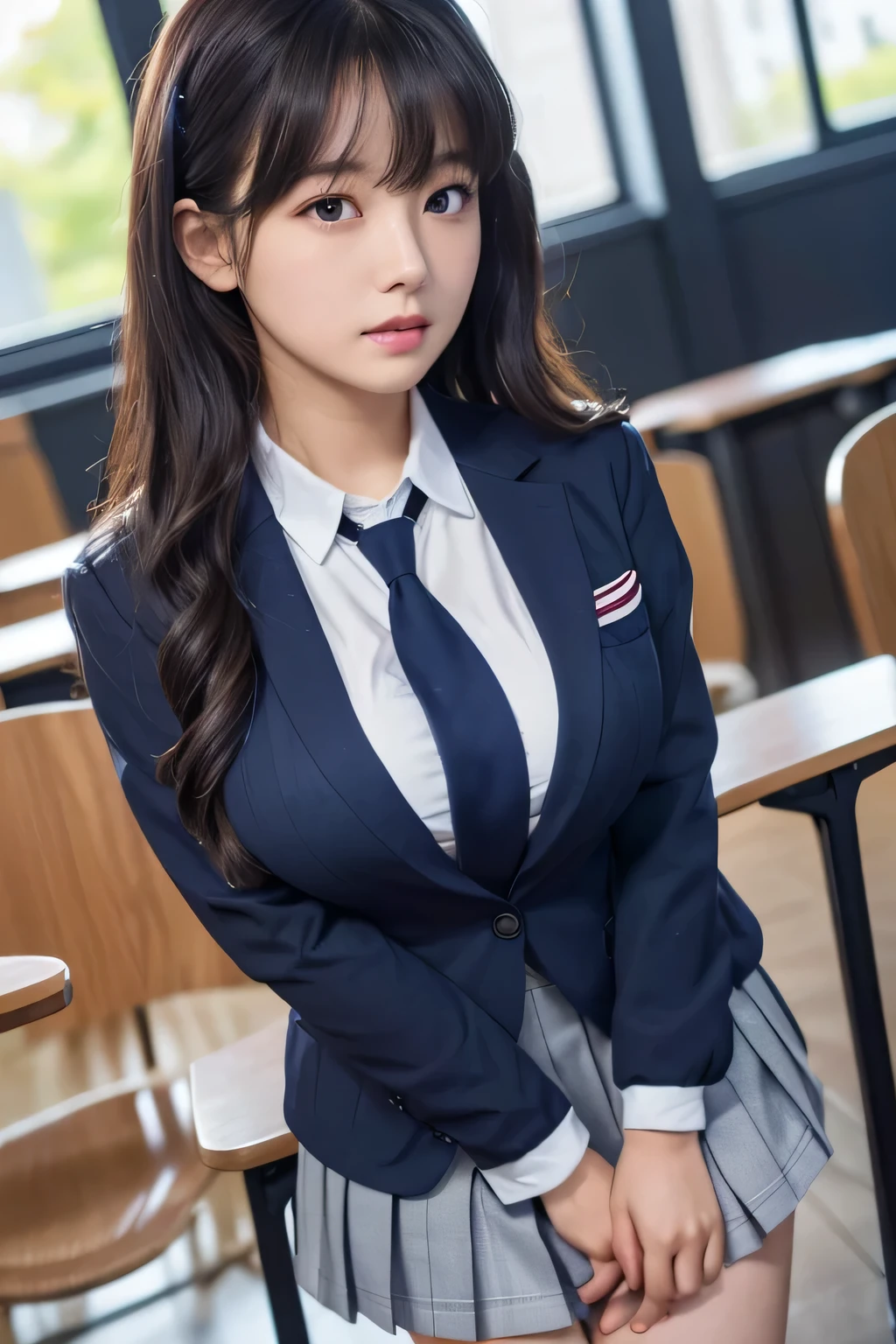 8K, highest quality, real image, intricate details, Super detailed, ultra high resolution, depth field,(realistic,realistic:1.2),table top , frontal shot , From the middle , 1 girl, eye_Chan, very beautiful 17 year old girl, innocent big eyes,、beautiful breasts:1.5、非常に詳細なeye:1.2)、(beautiful breasts:1.1)、wavy hair、curly hair、black hair、bangs, perfect skin, Fair skin, huge breasts, cleavage, tight waist, light blush, alone, Glaring at viewers, ((School_uniform),(dark blue blazer), (white shirt、Wearing a tie), (gray pleated skirt), (sculpture installation :1.1)