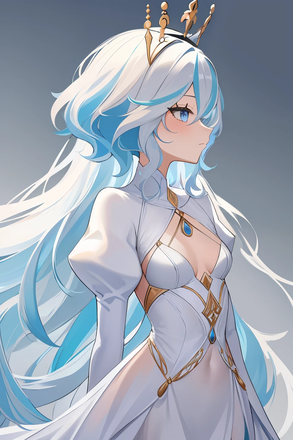 Focalors, Furina, 1girl, solo, long hair, blue eyes, white hair, crown, dress, multicolored hair, closed mouth, blue hair, upper body, streaked hair, long sleeves, puffy sleeves, breasts, looking away, small breasts, white dress,heterochromia