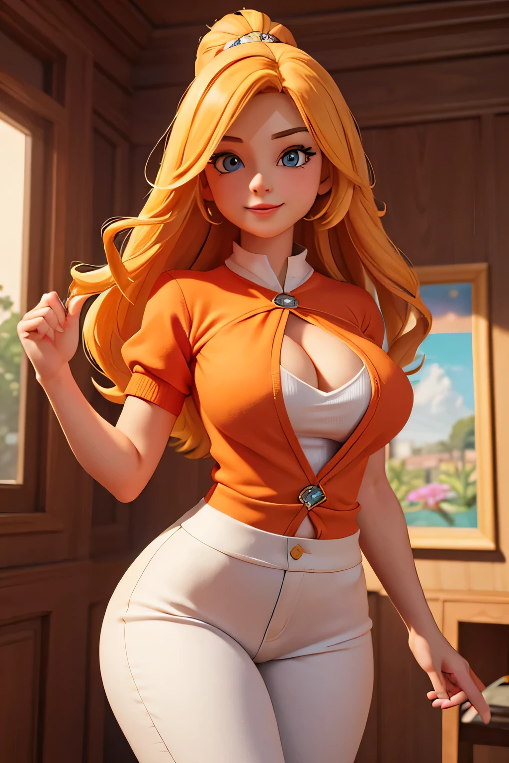 Girls in 3D games,8K ultra-detailed high-resolution visual effects, Showcasing a casual and energetic atmosphere. that girl, With beautiful golden hair and charming big eyes, bust, radiating charm and cuteness. She is wearing a cute orange dress, Standing against a pure white background,Highlights her presence. Her flowing hair falls like a waterfall, She had a big smile on her face, Added a touch of joyful atmosphere to the scene.
that girl's figure portrayed in a tasteful and respectful manner, highlighting her full and ample charm. With an elegant touch, Her dress gently revealed her curvaceous silhouette, The shoulder design highlights her advantages. This piece perfectly captures her confident and poised expression, Emphasize her charming presence.
The overall art follows the 3D art style, Attention to detail and realistic textures. lighting carefully considered, Creates a soft and warm atmosphere,Enhance girl's temperament. The color palette is mostly vibrant, Mainly orange tones, Create a vivid and visually pleasing composition.
This tip is designed to produce a stunning visual masterpiece in 3D illustration style for a casual gaming environment. it embodies an interesting feeling, charm, and beautiful, while maintaining a high level of artistic quality with 8K resolution.