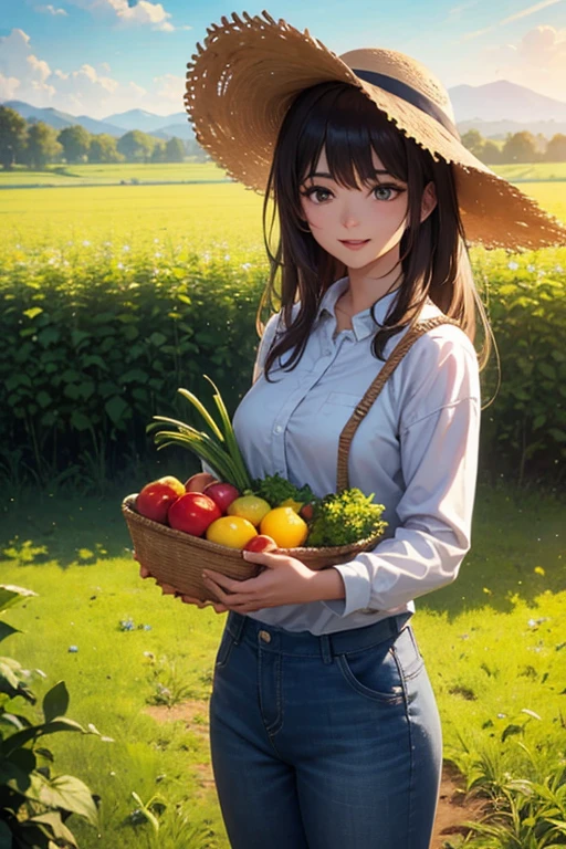 (best quality,8k,highres,masterpiece:1.2),stunningly beautiful woman in her 20s,working on a farm,with long sleeves,long pants,(straw hat),vivid colors,ultra-detailed,farm scenery,agricultural tools,plentiful harvest,peaceful atmosphere,warm sunlight,sharp focus,realistic lighting,photorealistic,landscape,portrait,lovely,organic crops,farmland,greenery,fresh air,happy expression,farmer's market,abundant fruits and vegetables,lush fields,endless rows of crops,bountiful harvest,working in harmony with nature,sense of fulfillment and joy.
