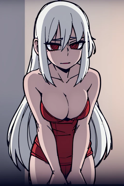beautiful girl, red lips, red eyes, long flowing light gray hair, naked girl, naked breasts, large breasts, large naked breasts, naked, sexy, beautiful look, nice, cum, fup, fuping, cuming