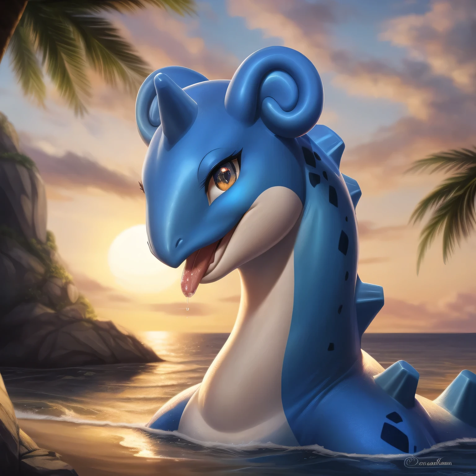 POkemon shiny Lapras extremely detailed CG unity 8k papel de parede, master piece, melhor qualidade, ultra-detalhado, Melhor sombra),,(1pokemon),belos olhos detalhados, Olhando para o Viewer, fechar para cima, (foco facial), lingua  comprida com saliva a pingar, ilha deserta ,areia dourada, por do sol