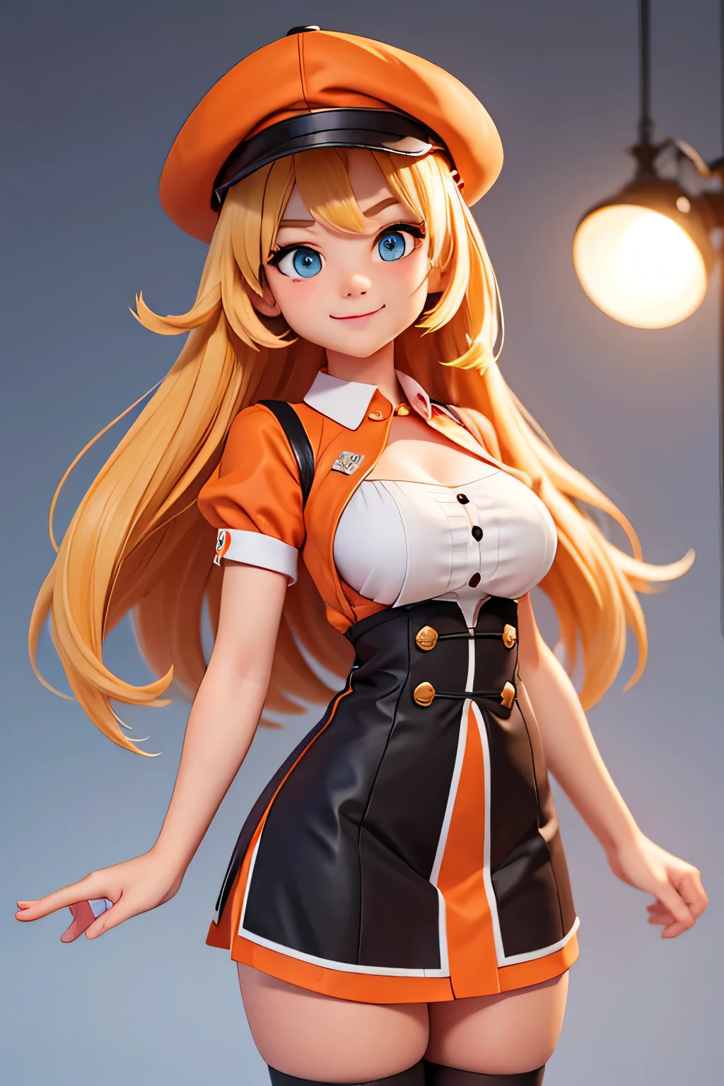 a girl,8k highly detailed, casual games, , 3D art style, Half body photo,White background,big eyes,blond,Lovely,orange clothes,dealer,solid color background,long hair,Smile,full,proudly,Clothes exploded,G cup,Business line,boobgasm