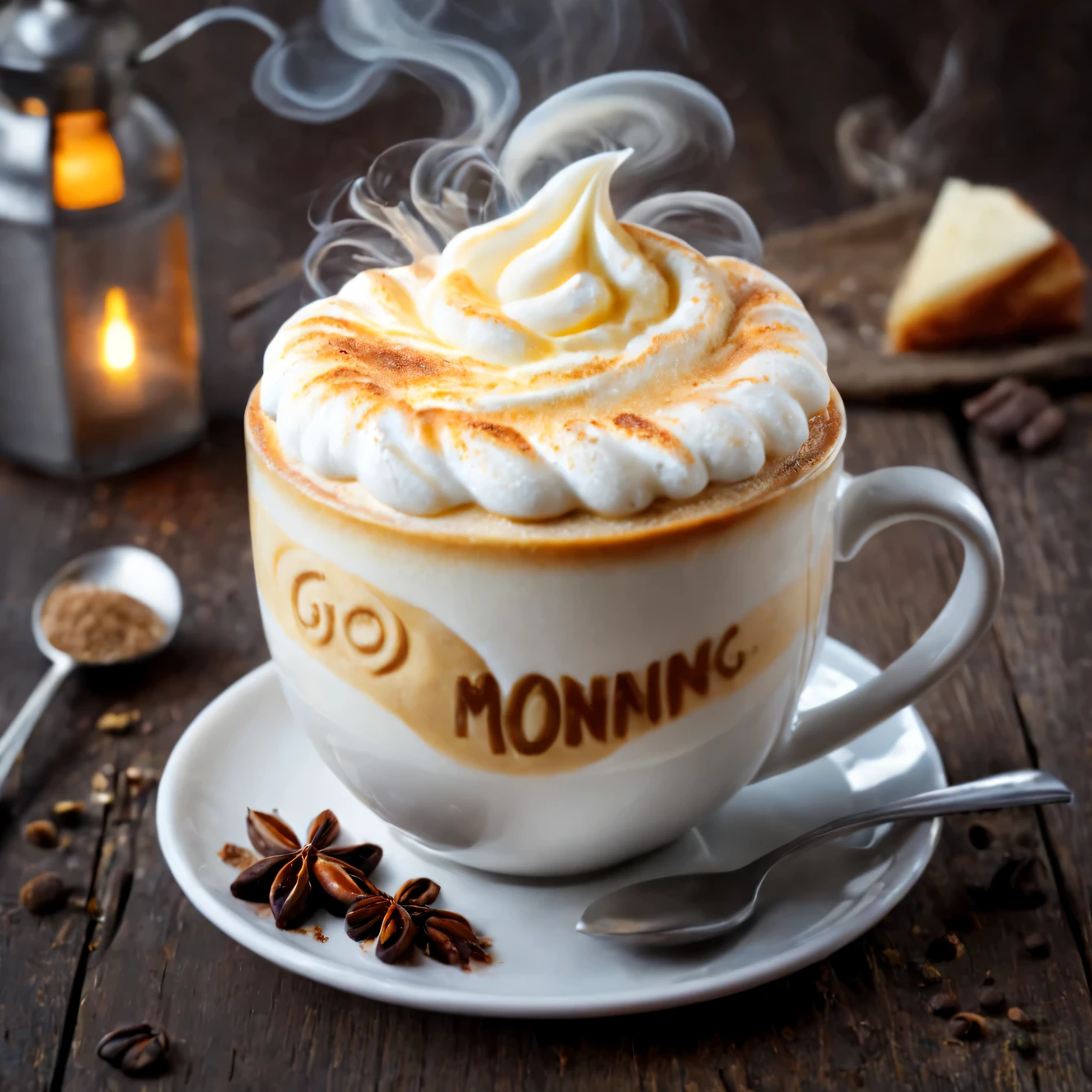 Photo of vanilla cappuccino with creamy foam, fragrant steam emanates from the cup, creating a cozy atmosphere for a pleasant morning, very detailed, extremely detailed, tasty and appetizing, masterpiece of product photography, Penka Cappuccino wrote text "Good morning"