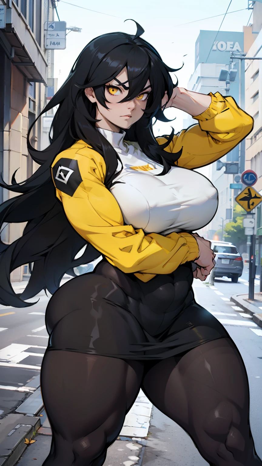 pale angry muscular girl thick breast black hair yellow eyes long hair hair between eyes pantyhose thick thick