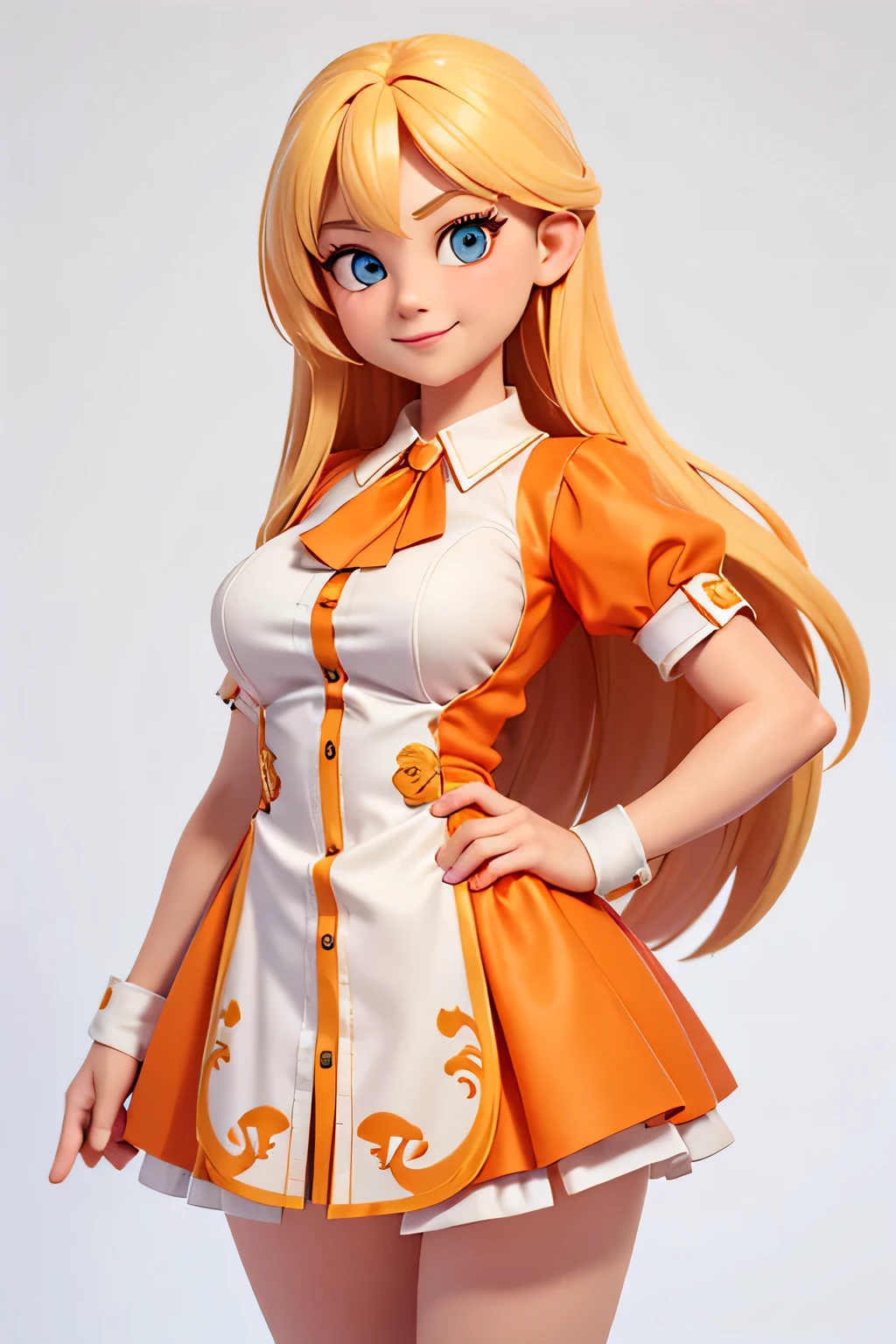a girl,8k highly detailed, casual games, , 3D art style, Half body photo,White background,big eyes,blond,Lovely,orange clothes,dealer,solid color background,long hair,Smile,full,proudly,Clothes exploded,E杯,Business line,boobgasm