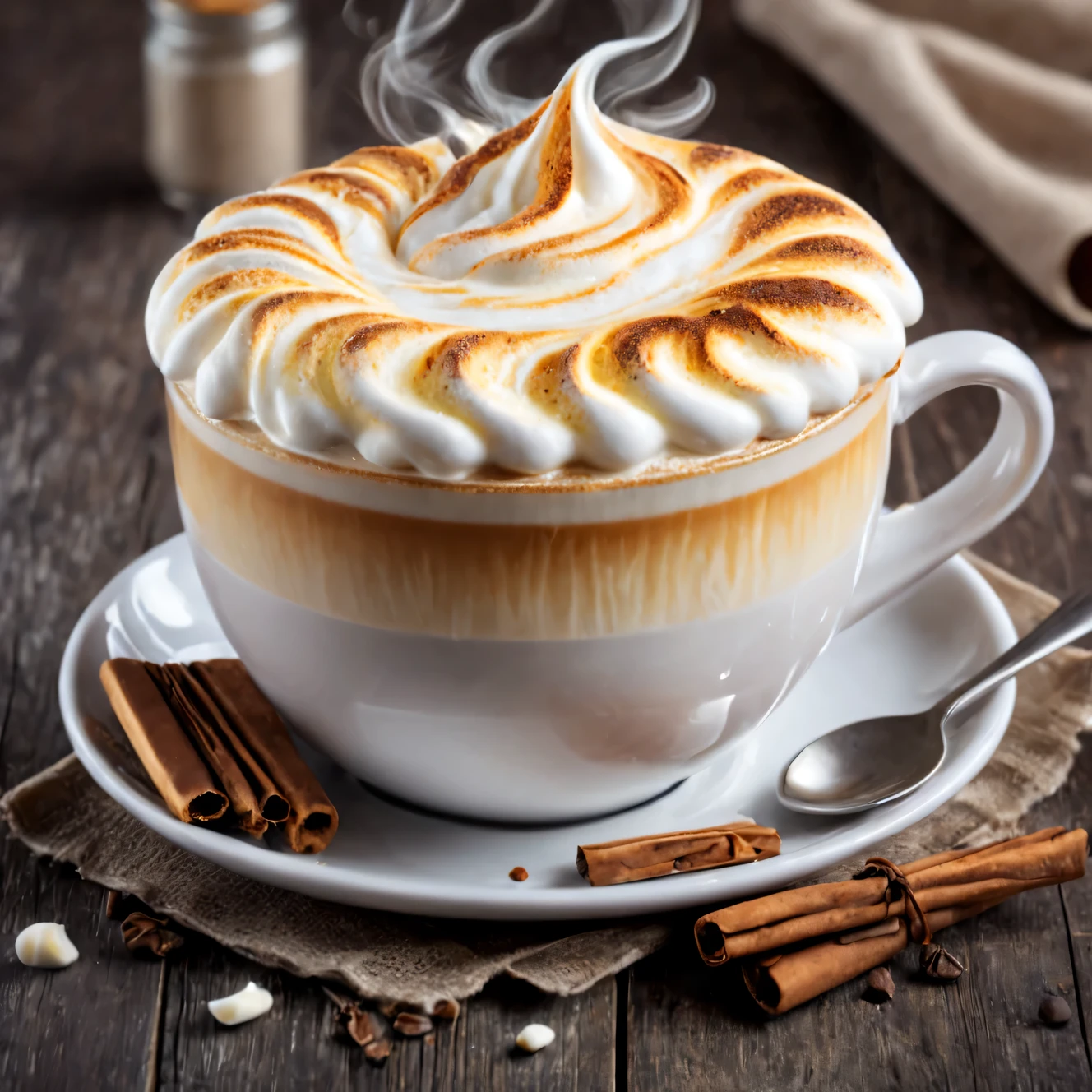 Photo of vanilla cappuccino with creamy foam, fragrant steam emanates from the cup, creating a cozy atmosphere for a pleasant morning, very detailed, extremely detailed, tasty and appetizing, masterpiece of product photography, Penka Cappuccino wrote text "Good morning"