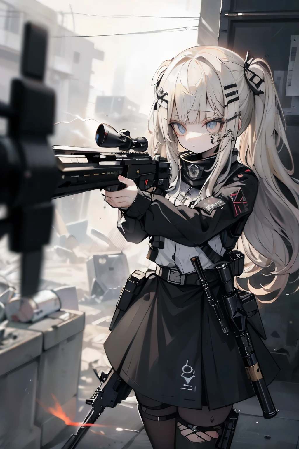 {{Masterpiece, top quality, highly detailed CG, unified 8k wallpaper, movie lighting, lens flare}}, 1 girl holding a rifle through the wall, wide view, thick body, long blonde hair soaring in the wind, green eyes, (holding a weapon, holding a rifle, aiming, aiming: 1.4), gun, h&k hk416, carbine, open fire, rubble, ruins of conflict areas, plumes, nitric smoke, blast waves, Flying bullets, sniper, 35mm, f/1.8, night, blue eyes, war, explosion
