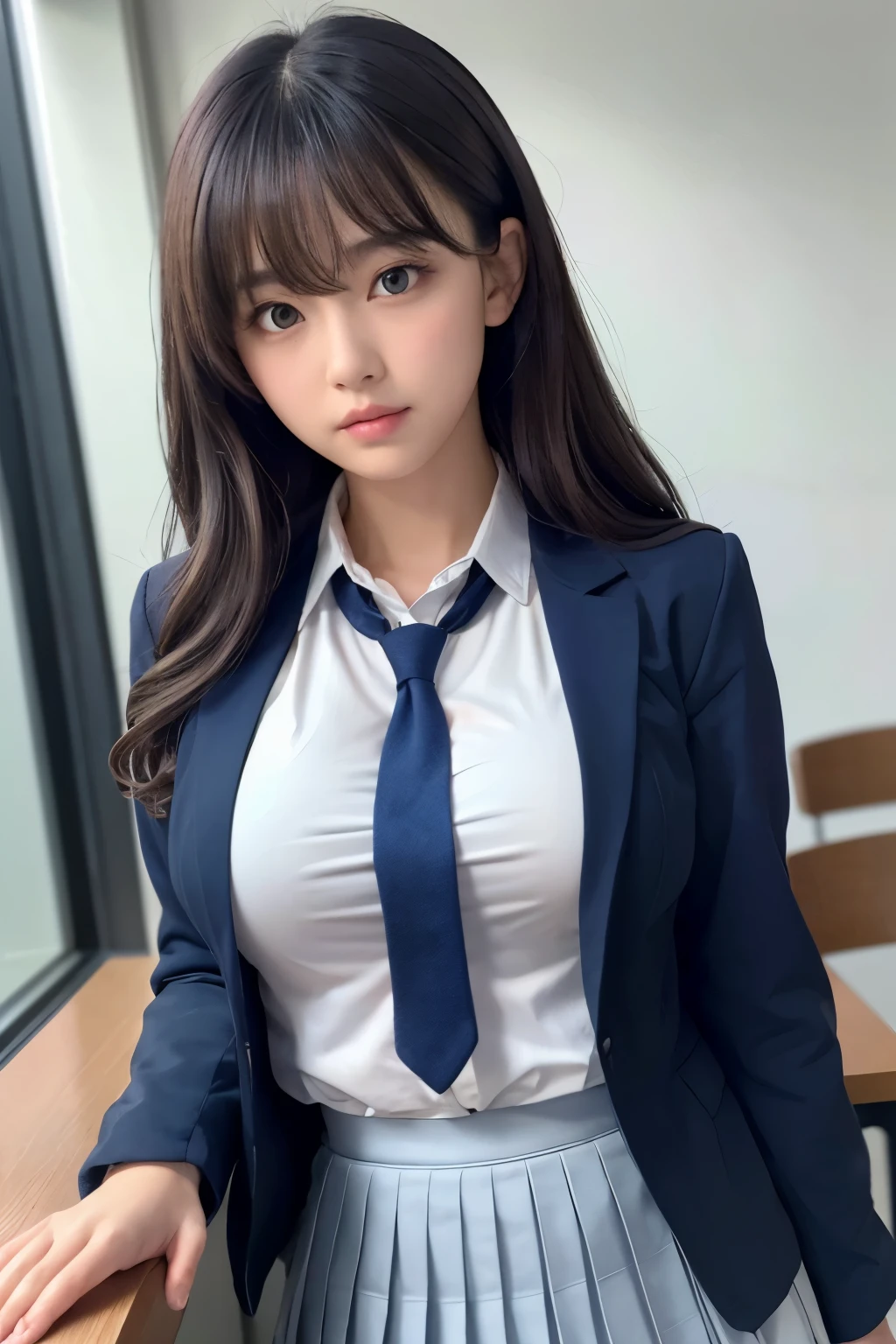 8K, highest quality, real image, intricate details, super detailed, Super high resolution, depth field,(realistic,realistic:1.2),table top , Frontal shot , From the middle , 1 girl, Eye_Chan, very beautiful girl, innocent big eyes,、beautiful breasts:1.5、highly detailed eyes:1.2)、(beautiful breasts:1.1)、wavy hair、curly hair、black hair、bangs, perfect skin, Fair skin, huge breasts, cleavage, tight waist, light blush, alone, Bad mood、Glaring at viewers, ((School_uniform),(dark blue blazer), (white shirt、Wearing a tie), (gray pleated skirt), (sculpture installation :1.1)