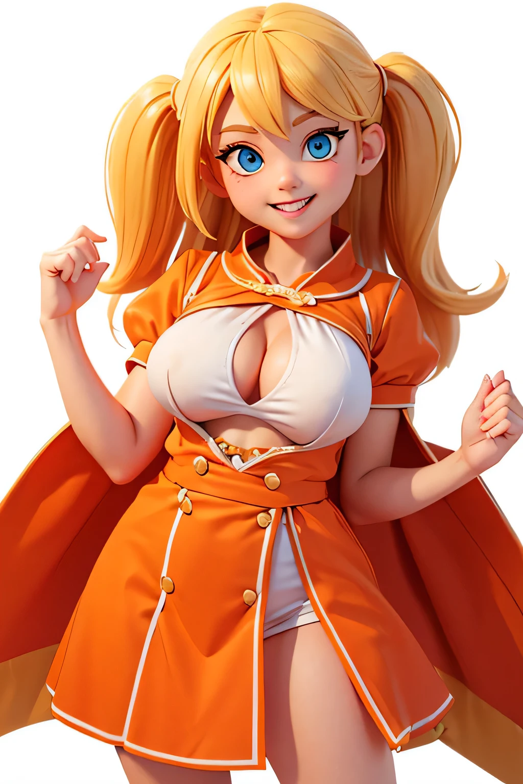 a girl,8k highly detailed, casual games, , 3D art style, Half body photo,White background,big eyes,blond,Lovely,orange clothes,dealer,solid color background,long hair,Smile,full,proudly,Clothes exploded，G cup,Business line,boobgasm