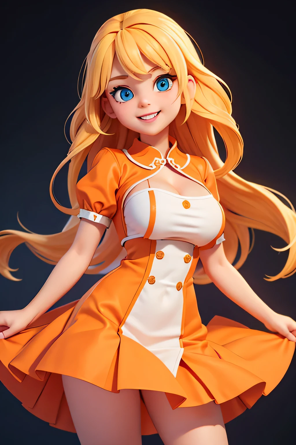 a girl,8k highly detailed, casual games, , 3D art style, Half body photo,White background,big eyes,blond,Lovely,orange clothes,dealer,solid color background,long hair,Smile,full,proudly,Clothes exploded，G cup,Business line,boobgasm