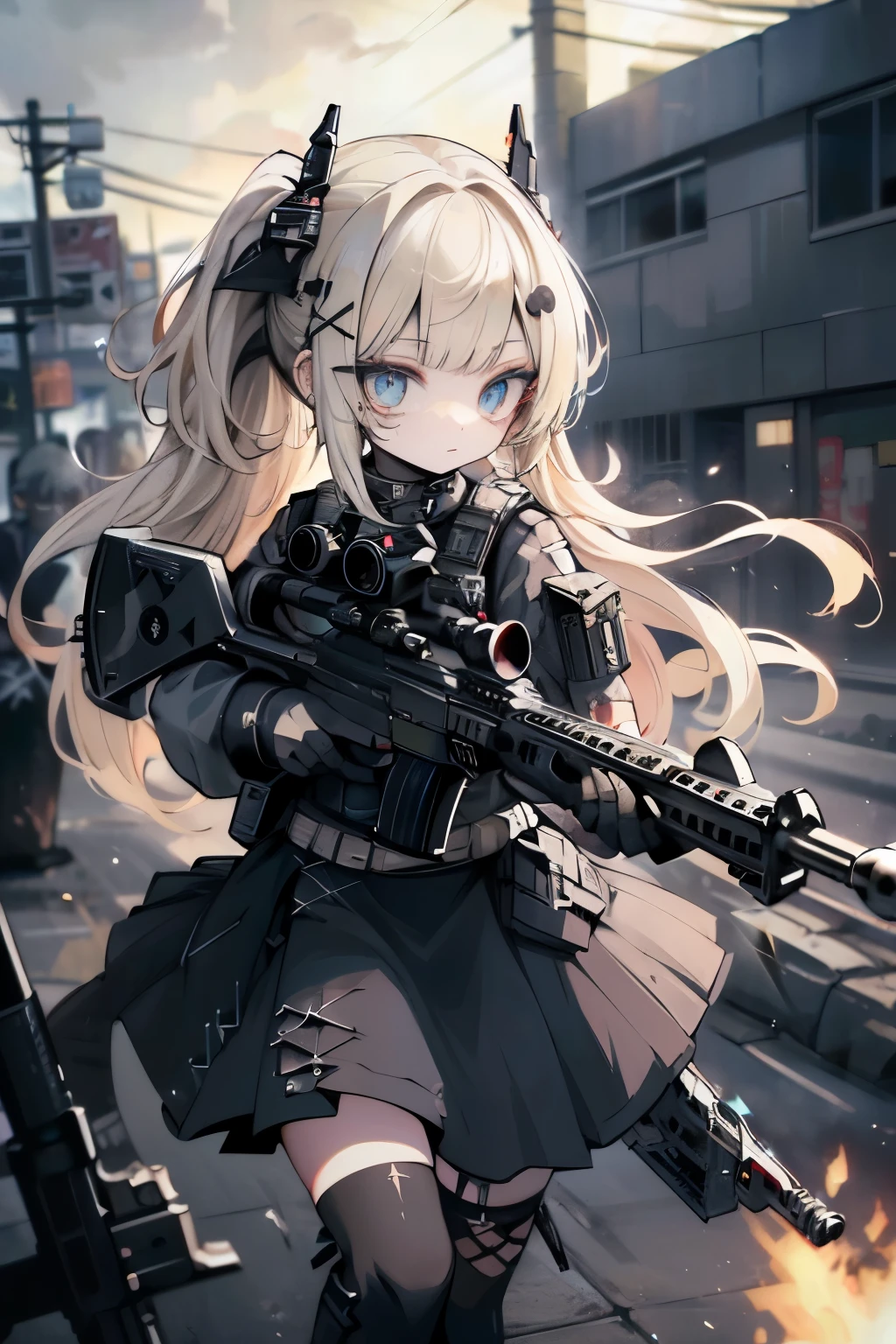 {{Masterpiece, top quality, highly detailed CG, unified 8k wallpaper, movie lighting, lens flare}}, 1 girl holding a rifle through the wall, wide view, thick body, long blonde hair soaring in the wind, green eyes, (holding a weapon, holding a rifle, aiming, aiming: 1.4), gun, h&k hk416, carbine, open fire, rubble, ruins of conflict areas, plumes, nitric smoke, blast waves, Flying bullets, sniper, 35mm, f/1.8, night, blue eyes, war, explosion
