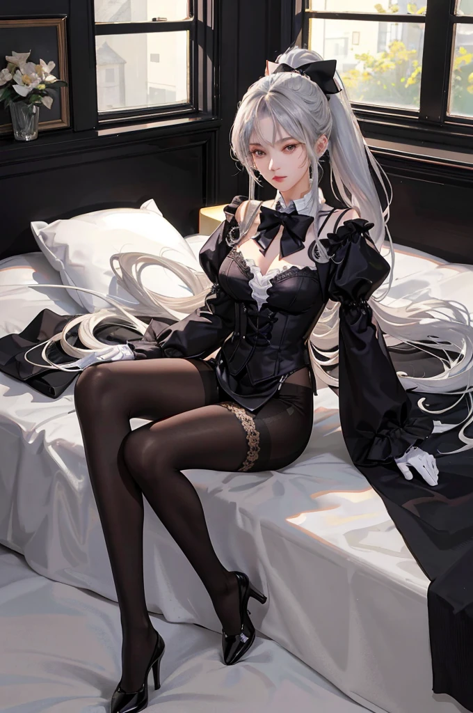 1 girl! Ray tracing, best shade (dim lights) Detailed background (bedroom) (Fluffy silver hair, plump and slim girl) (high ponytail) alone in the bedroom, golden eyes (Wearing exquisitely embroidered black high-waisted pants with pantyhose) and white ruffled bow gloves), Show off your exquisite figure and graceful curves, correct limbs! sitting on bed, Exquisite facial features! Pay attention to the details of the leg position! Pay attention to finger details! high quality! more qualified! Reduce errors