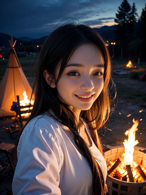 One cute girl around 24 years old、Fisheye、selfie、Wind、Unkempt hair、bonfire、bonfire background、camp、(Aesthetic/atmosphere 1.2)、smile、歯を見せてsmile、close your eyes and laugh、