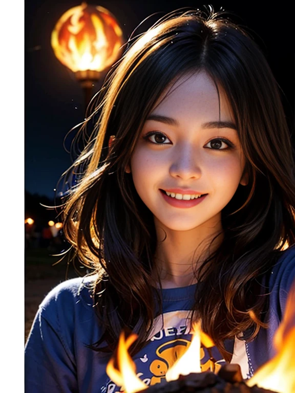 One cute girl around 24 years old、Fisheye、selfie、Wind、Unkempt hair、bonfire、bonfire background、camp、(Aesthetic/atmosphere 1.2)、smile、歯を見せてsmile、close your eyes and laugh、
