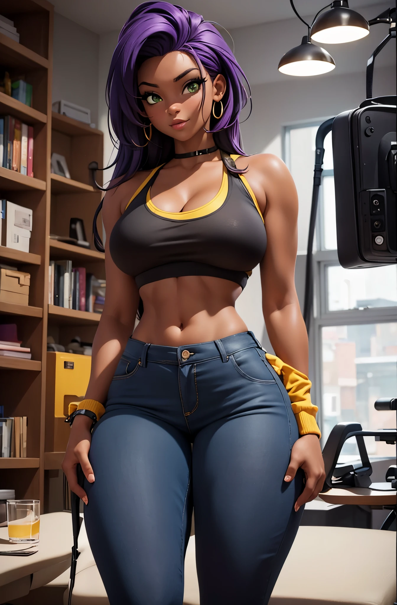 (a black girl,, black skin, purple hair,green eyes:1.1)slender,athletic,(yellow tank top,black latex pants,a denim jacket:1.1),yellow sneakers(big boobs:1.1, nsfw:1.1,big ass:1.1)

(best quality,4k,8k,highres,masterpiece:1.2),ultra-detailed,(realistic,photorealistic,photo-realistic:1.37),portraits,vivid colors,HDR,professional,studio lighting,bokeh