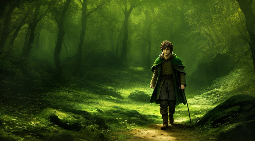 (extremamente detalhado 8k wallpaper), a wide shot of Frodo from Lord of the Rings and Harry Potter, em sua floresta, themed background, Cinematic Filters, Dynamic Posture, Intricado, alto detalhe, dramatic, (extremamente detalhado), ultra-detalhado