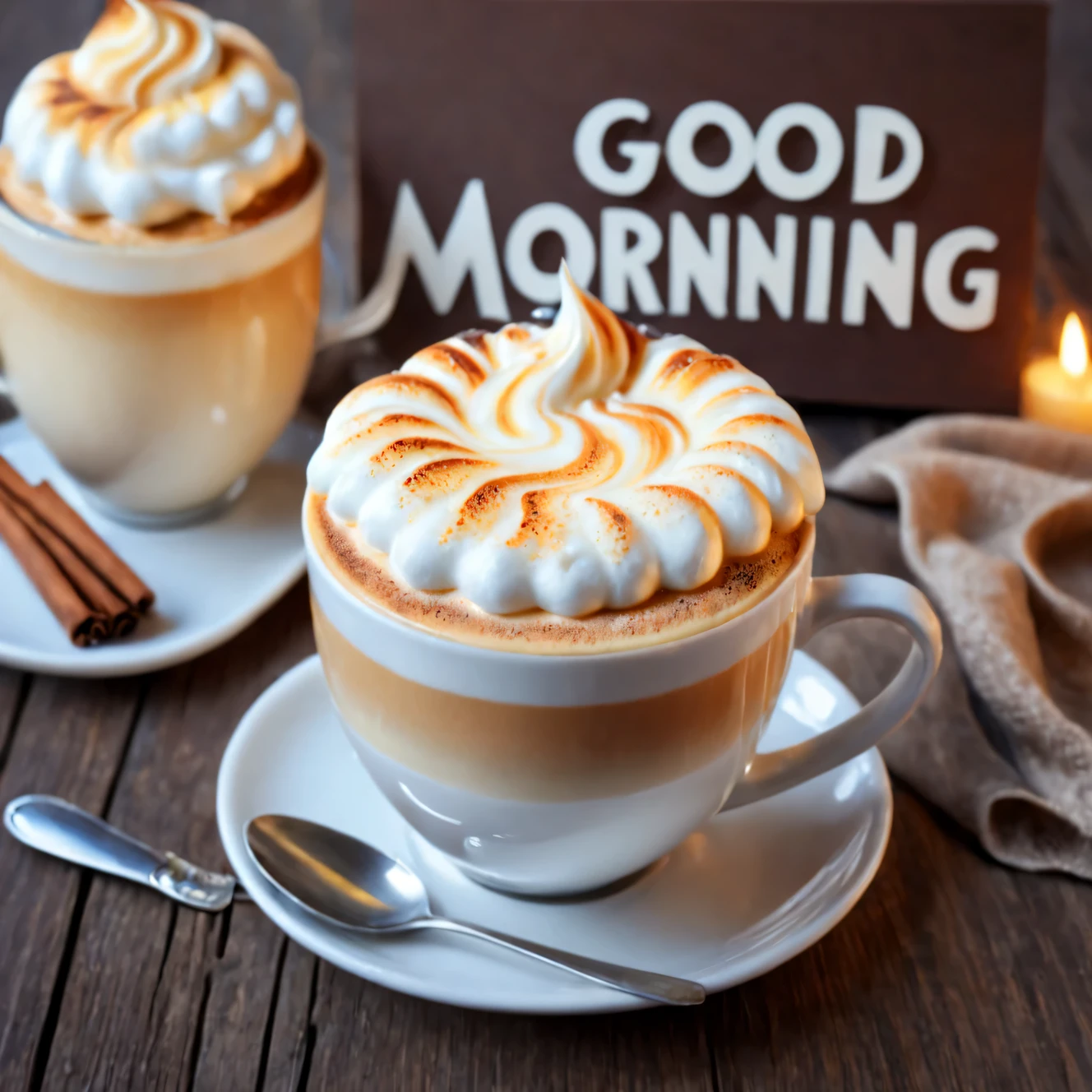 Photo of vanilla cappuccino with creamy foam, fragrant steam emanates from the cup, creating a cozy atmosphere for a pleasant morning, very detailed, extremely detailed, tasty and appetizing, Text on the cup "Good morning", postcard