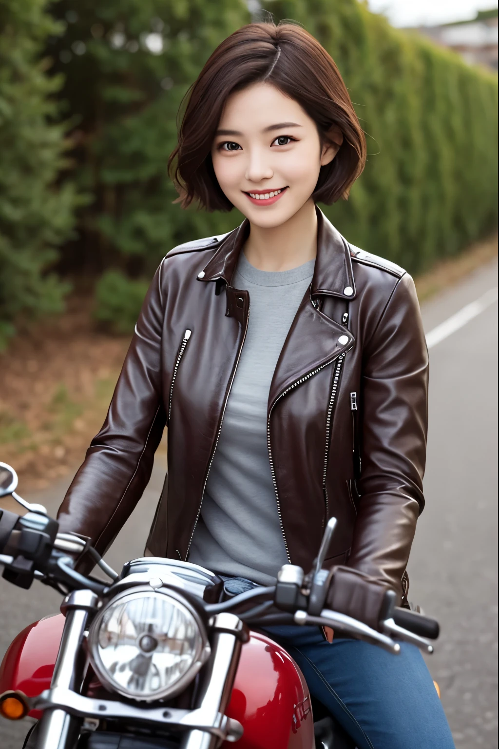 smile、brown leather jacket、Slim adult woman with short hair riding a motorcycle、Sharp and clear images
