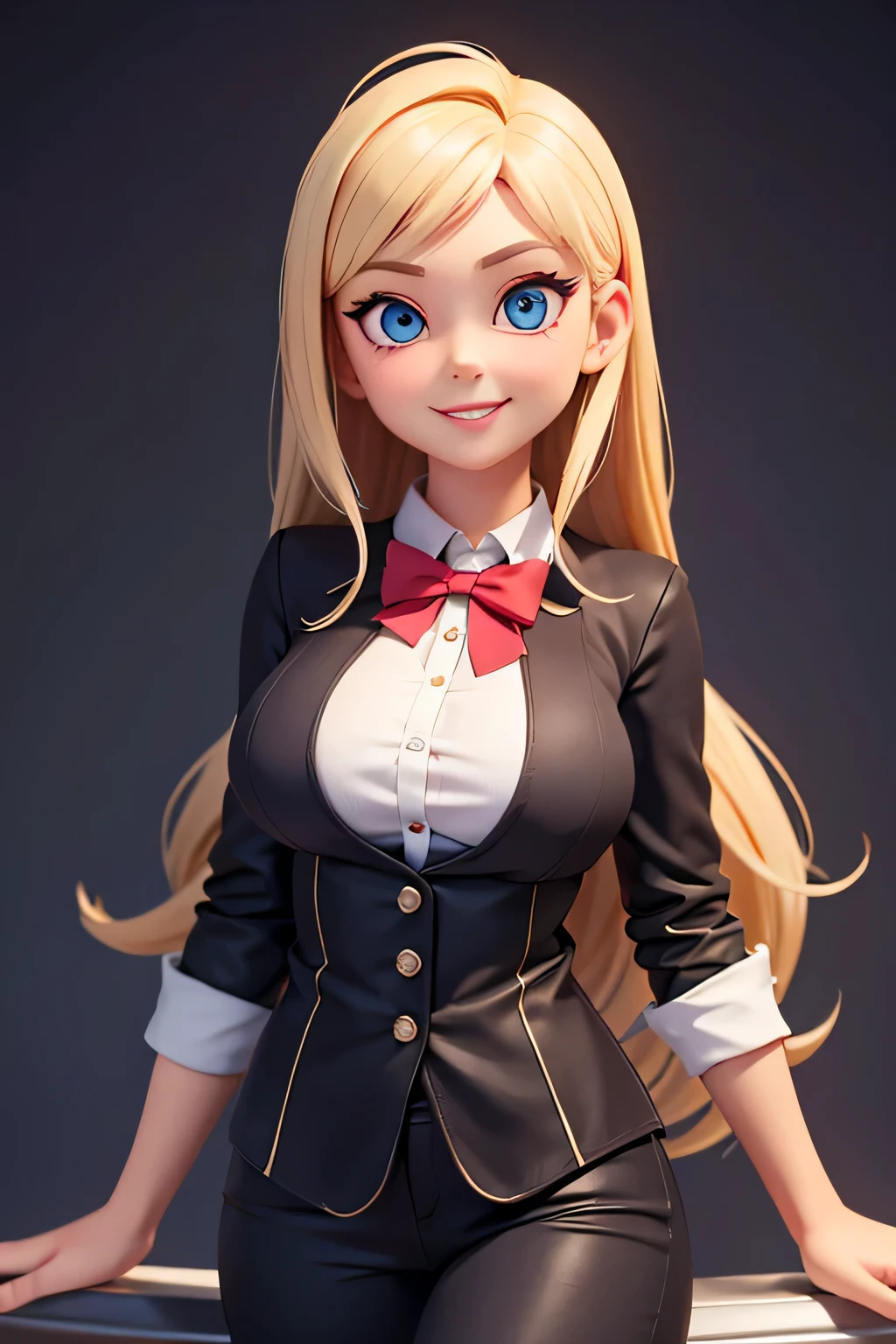 a girl,8k highly detailed, casual games, , 3D art style, Half body photo,dealer,White background,big eyes,blond,Lovely,dealer,,solid color background,long hair,Smile,full,proudly,G cup,Business line,boobgasm
