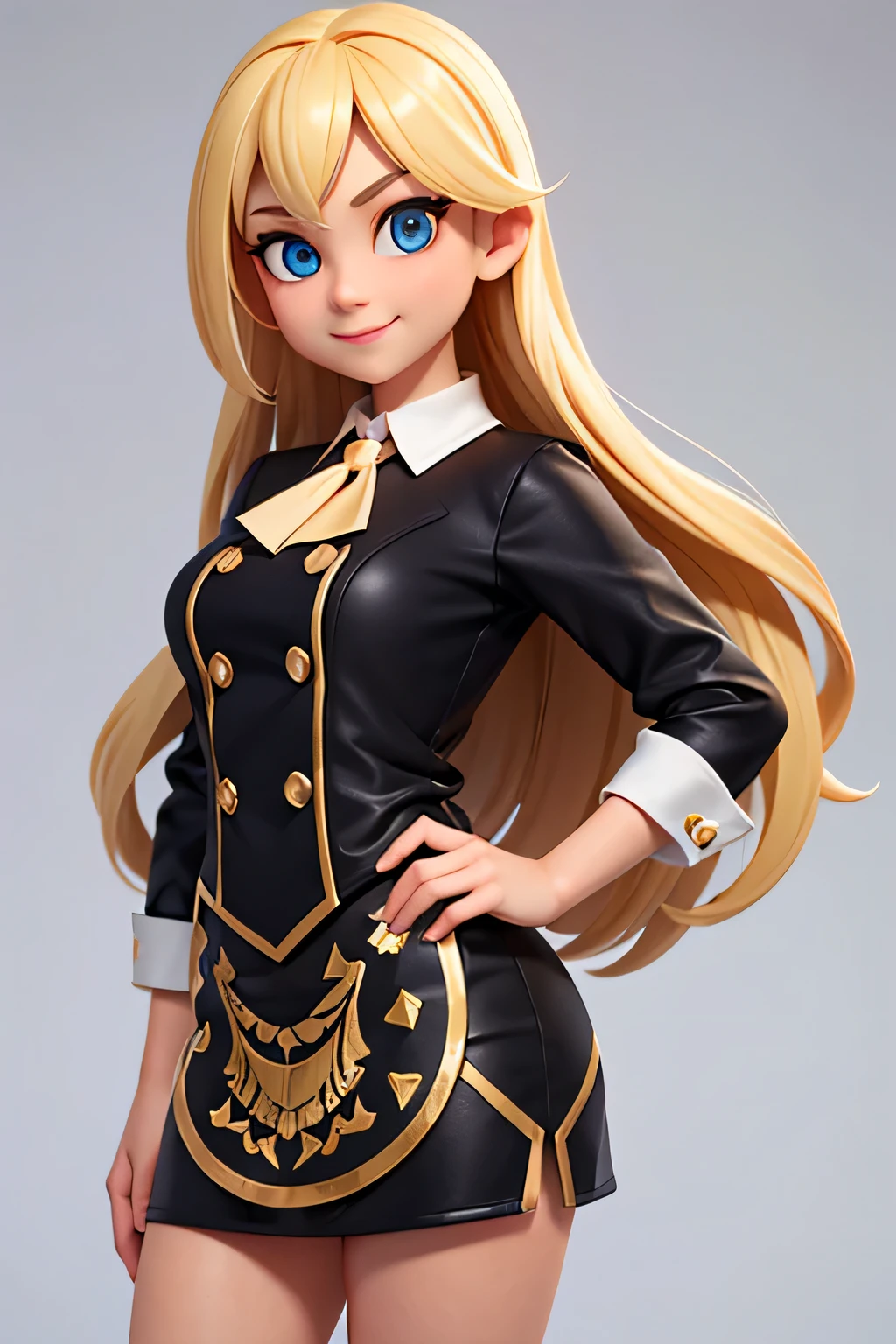 a girl,8k highly detailed, casual games, , 3D art style, Half body photo,dealer,White background,big eyes,blond,Lovely,dealer,,solid color background,long hair,Smile,full,proudly,F cup