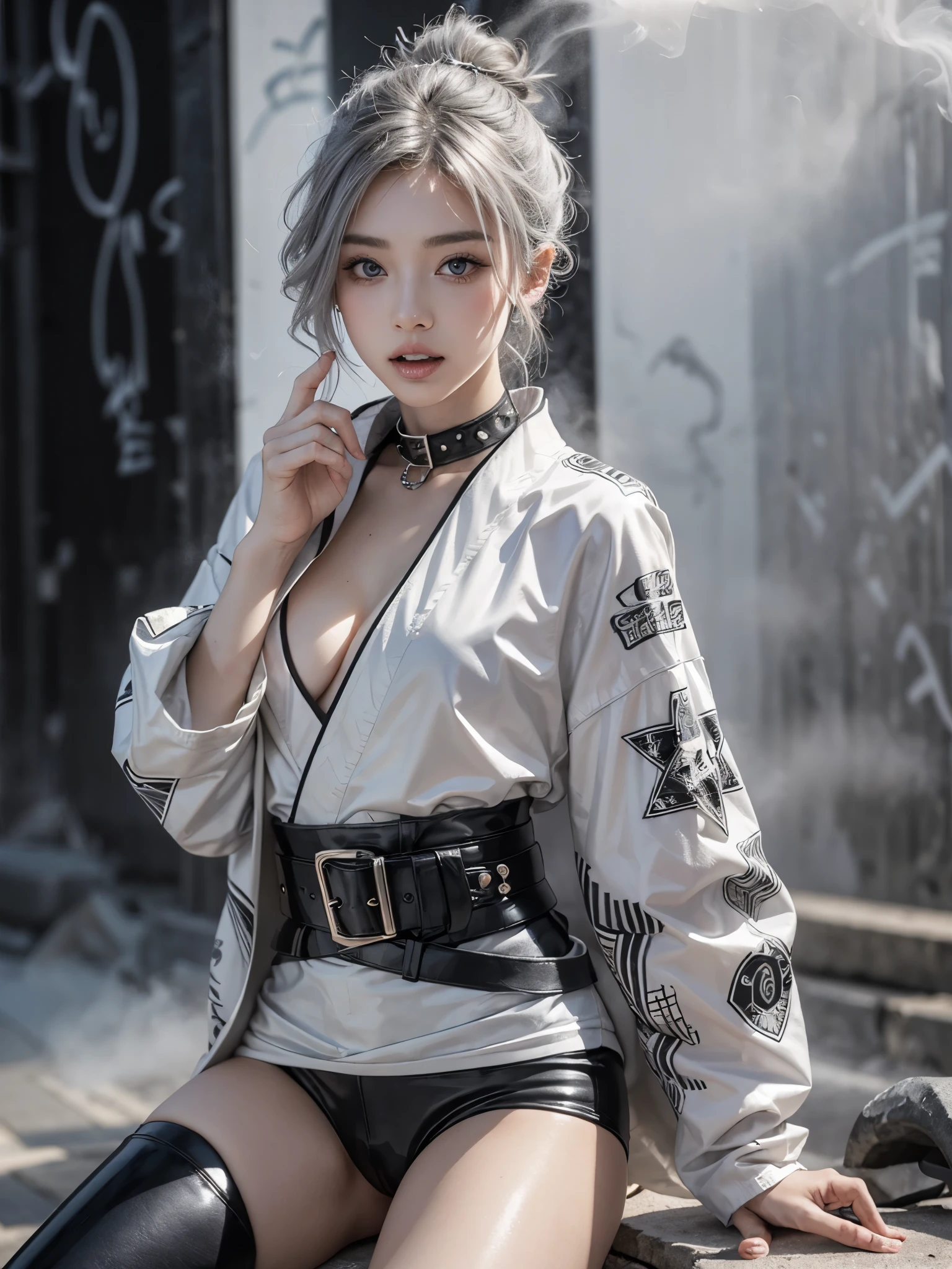 (Realistic:1.3), (official art), (gorgeous, elegant, luxury), (beautiful still life painting art), ultra detailed, beautiful, masterpiece, best quality,
_
BREAK (1girl:1.2), 22 years old, 160 cm, Japanese cute model, Tightened all body, medium Breasts, small head, small face, diamond Face, small nose, Sharp Faceline, young hands and fingers, beautiful hands and fingers, five fingers,
_
BREAK (Glossy Lips:1.3), (Light color lips, Half open mouth, beautiful Teeth:1.2), (dropy eyes, Double eyelid, Blue eyes:1.),
_
BREAK (arranged hairstyle:1.3),(hairstyle with complicated decorations:1.3), (gray hair:1.3),
_
BREAK (White and black theme:1.3), (futuristic white background), (blurry background, Fog, mist:1.7),
_
BREAK (cowboy shot:1.7), (Provocative Gravure pose:1.6),
_
BREAK(White and black theme:1.4), (Geometric pattern print:1.4),(fusion of traditional High collar kimono and punk elements:1.4), (black leather jacket with white silk kimono:1.2), (silver studded details on kimono:1.2), (punk-inspired accessories, black Leather thigh belt:1.4),
_ BREAK
(punk-style boots:1.2),
_ BREAK
(Cityscape background:1.2), (White and black graffiti-covered walls:1.4),
_ BREAK
(Confident sitting pose:1.2),