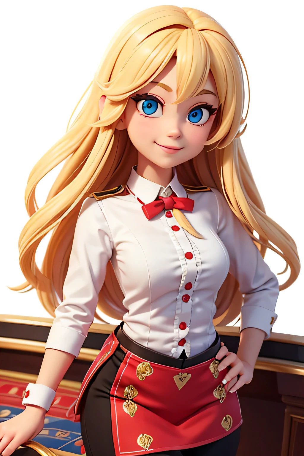 a girl,8k highly detailed, casual games, , 3D art style, Half body photo,dealer,White background,big eyes,blond,Lovely,dealer,,solid color background,long hair,Smile,full,proudly,F cup