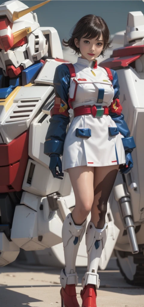 (highest quality), (masterpiece),beautiful girl、rocket boobs, Personification of Mobile Suit Gundam F91, Great highlights of the upper body, Powerful Mechs,beautiful girl, baby face, Nose and chin are not noticeable, Neat smile, medium hair, sagging eyes, moist wet rather thick thighs,,,,,, attractive waist, No panties, loincloth, Absolute area,sexy,Gundam style cosplay,Mecha armor type micro bikini、(red、green、white、Colored Gundam style micro bikini)