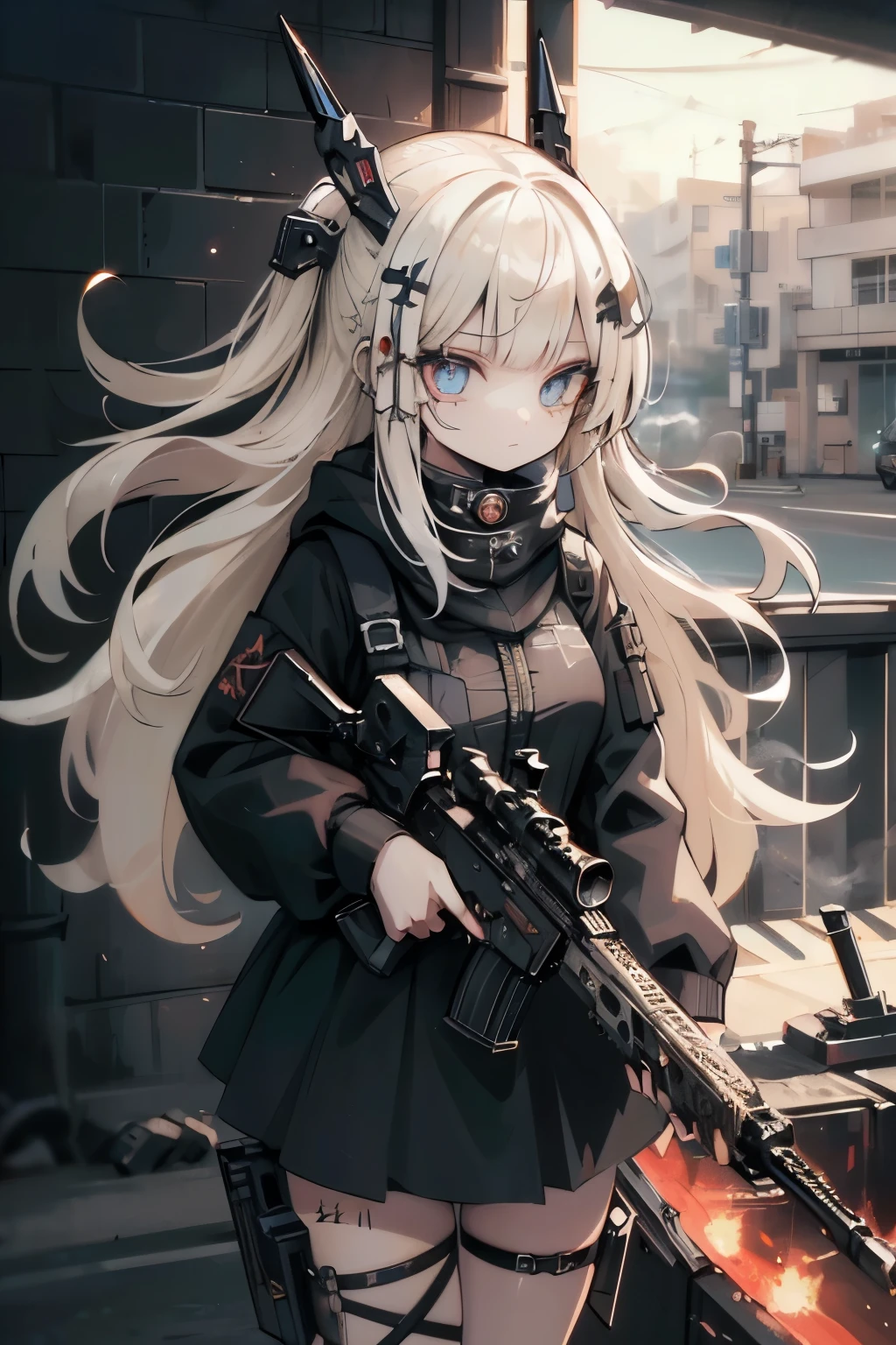 {{Masterpiece, top quality, highly detailed CG, unified 8k wallpaper, movie lighting, lens flare}}, 1 girl holding a rifle through the wall, wide view, thick body, long blonde hair soaring in the wind, green eyes, (holding a weapon, holding a rifle, aiming, aiming: 1.4), gun, h&k hk416, carbine, open fire, rubble, ruins of conflict areas, plumes, nitric smoke, blast waves, Flying bullets, sniper, 35mm, f/1.8, night, blue eyes, war, explosion
