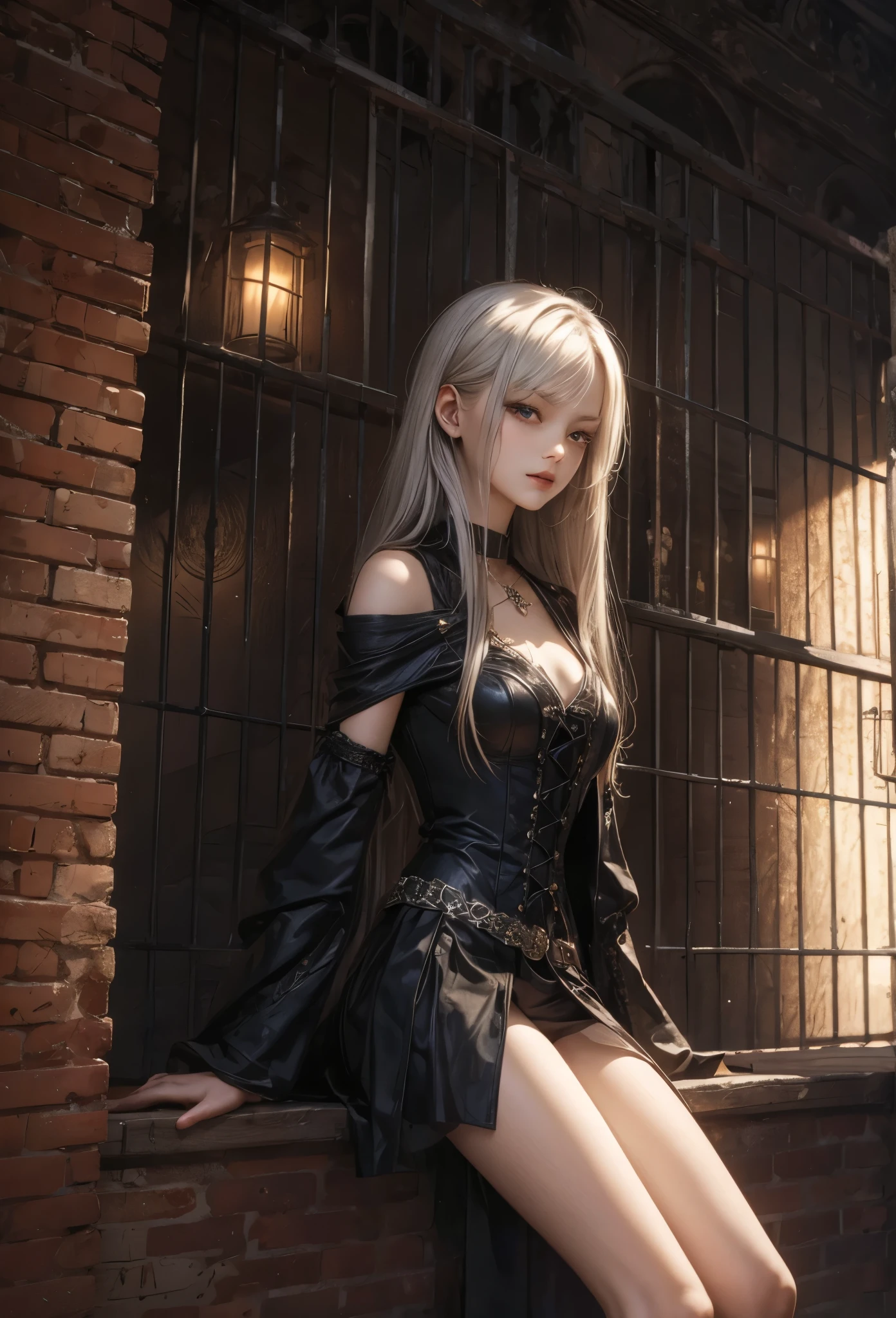 (Detailed illustrations,Very detailed and detailed drawing,Delicate lines with slow and rapid,Realistic texture expression),[Color tressed main line],dim room[prison[Walls and ceilings with exposed bricks that have deteriorated over time]],(japanes(Very Beautiful Little Girl)[14years])silber hair (bony and thin body[morbid]SKINNY),[leather [Bondage Fashion],Vampire,(Fine and beautiful skin expression [Transparency]),[完璧な目のdetaileds (Iris beautifully drawn in every detail)[Jewel-like eyes]],[long and beautiful eyelashes],[Meticulously drawn hair],(完璧な手のdetaileds [Beautiful fingers without breakdowns [Beautiful nails]]),(Perfect Anatomy(Perfectly proportioned))[[Full body like]],[Ideal color coordination(Accurate simulation of light-material interactions)],([Precision Detail](detaileds,high-detail)),[[Pale and gentle colors]][Visual art that conveys a sense of narrative] [[Eros in the Natural Body]].