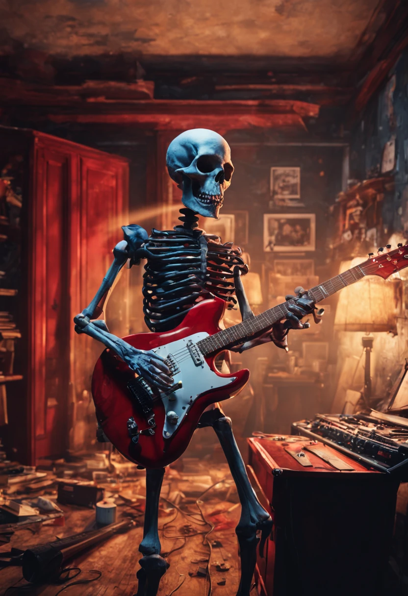 one night in the abandoned house, a rockstar skeleton monster playing a electric guitar in the big red old cupboard, rockband name 'wings' posters on the wall, realistic photographic, 8k image, high fidelity