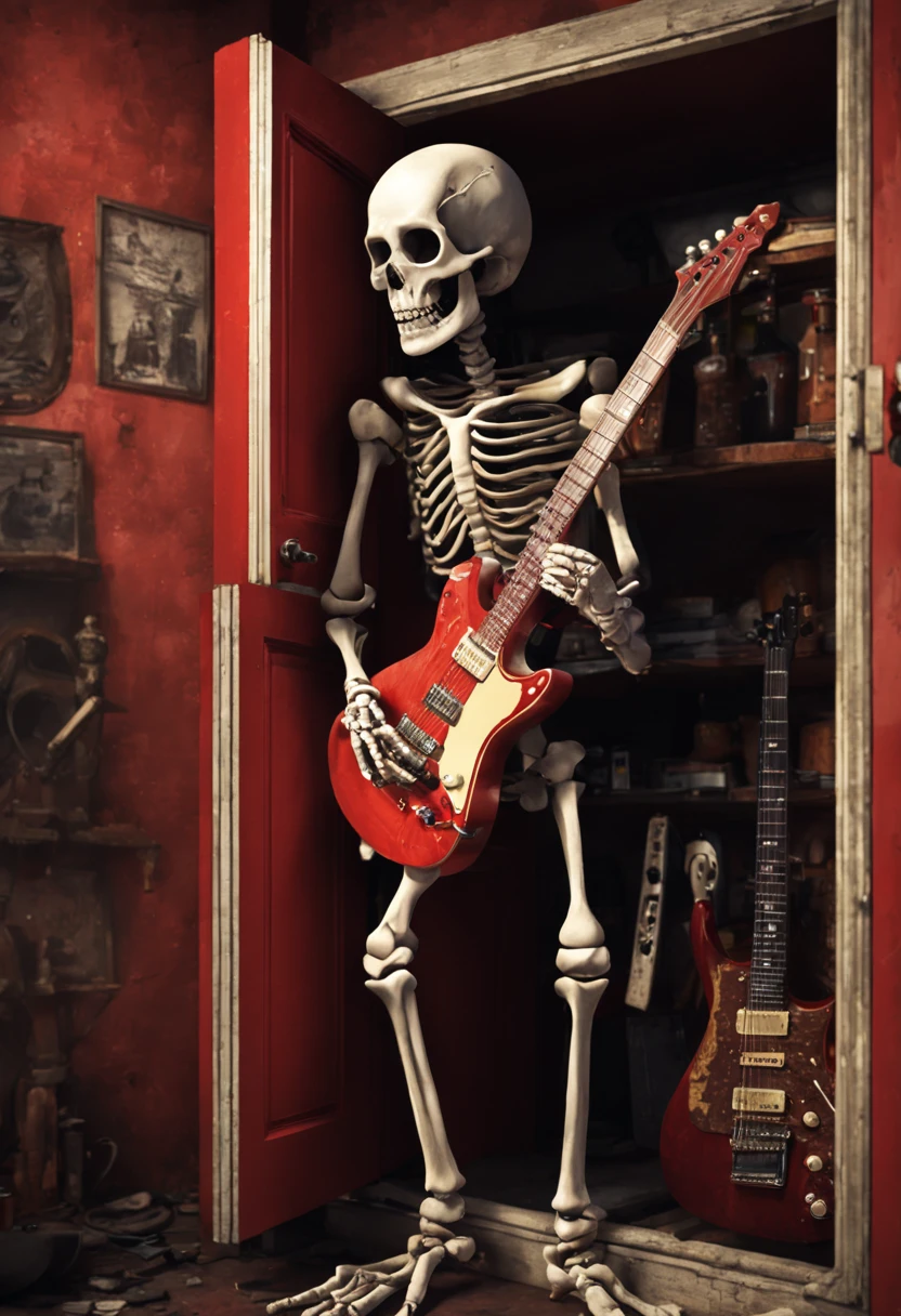 one night in the abandoned house, a rockstar skeleton monster playing a electric guitar in the big red old cupboard, rockband name 'wings' posters on the wall, realistic photographic, 8k image, high fidelity