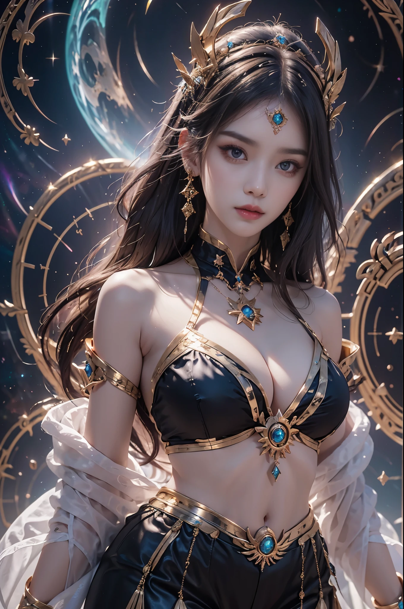 1 goddess of the zodiac from the future, wear the ao dai of the goddess of the zodiac to cover her chest, the goddess of the zodiac wears a bright yellow gold bodice, the goddess radiates a bright pink purple zodiac aura, the stars have the shape of the 12 zodiac signs, the goddess of the zodiac wearing a golden zodiac ao dai with many black details, the mythical goddess of the 12 zodiacs from the future, Zodiac sign ♏, zodiac style, dark and mystic version, Plump boobs, Red lips are balanced and very beautiful, character by karol bak and pino daeni, intricate details, detailed background, many object of background, extra highly detailed, magic lighting, a woman, clearly drawn face, beautiful face and symmetry eyes, big round eyes and very beautiful and detailed makeup, distant focus, silk clothing, mystic adornment, upper body portrait, arms loose, Realistic and vivid photo, (stars that make up the zodiac: 1.7), (zodiac sky background and fantasy portal of space and time: 1.8 ), fiction art, RAW images, style fantasy hanfu, long sleeves that cover 2 hands, 2 outstretched arms,