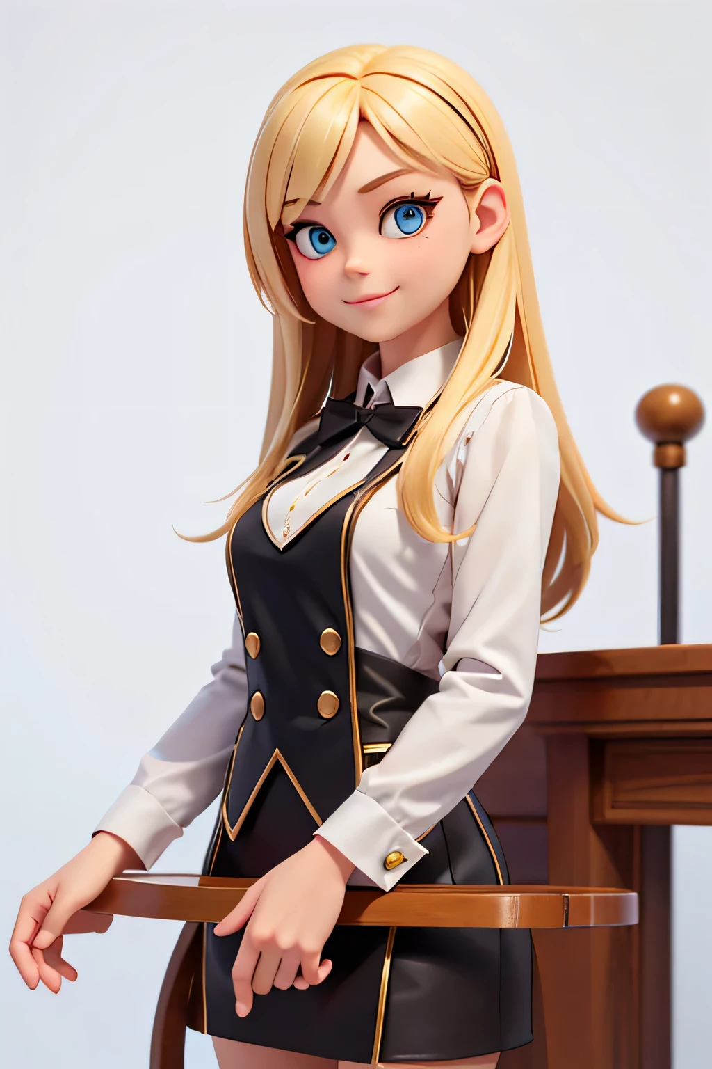 a girl,8k highly detailed, casual games, , 3D art style, Half body photo,dealer,White background,big eyes,blond,Lovely,dealer,,solid color background,long hair,Smile,full,proudly