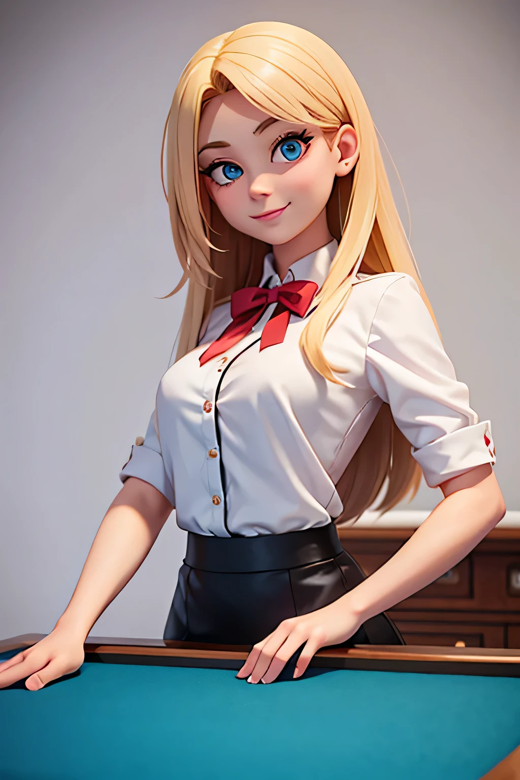 a girl,8k highly detailed, casual games, , 3D art style, Half body photo,dealer,White background,big eyes,blond,Lovely,dealer,,solid color background,long hair,Smile,full,proudly,Sexy