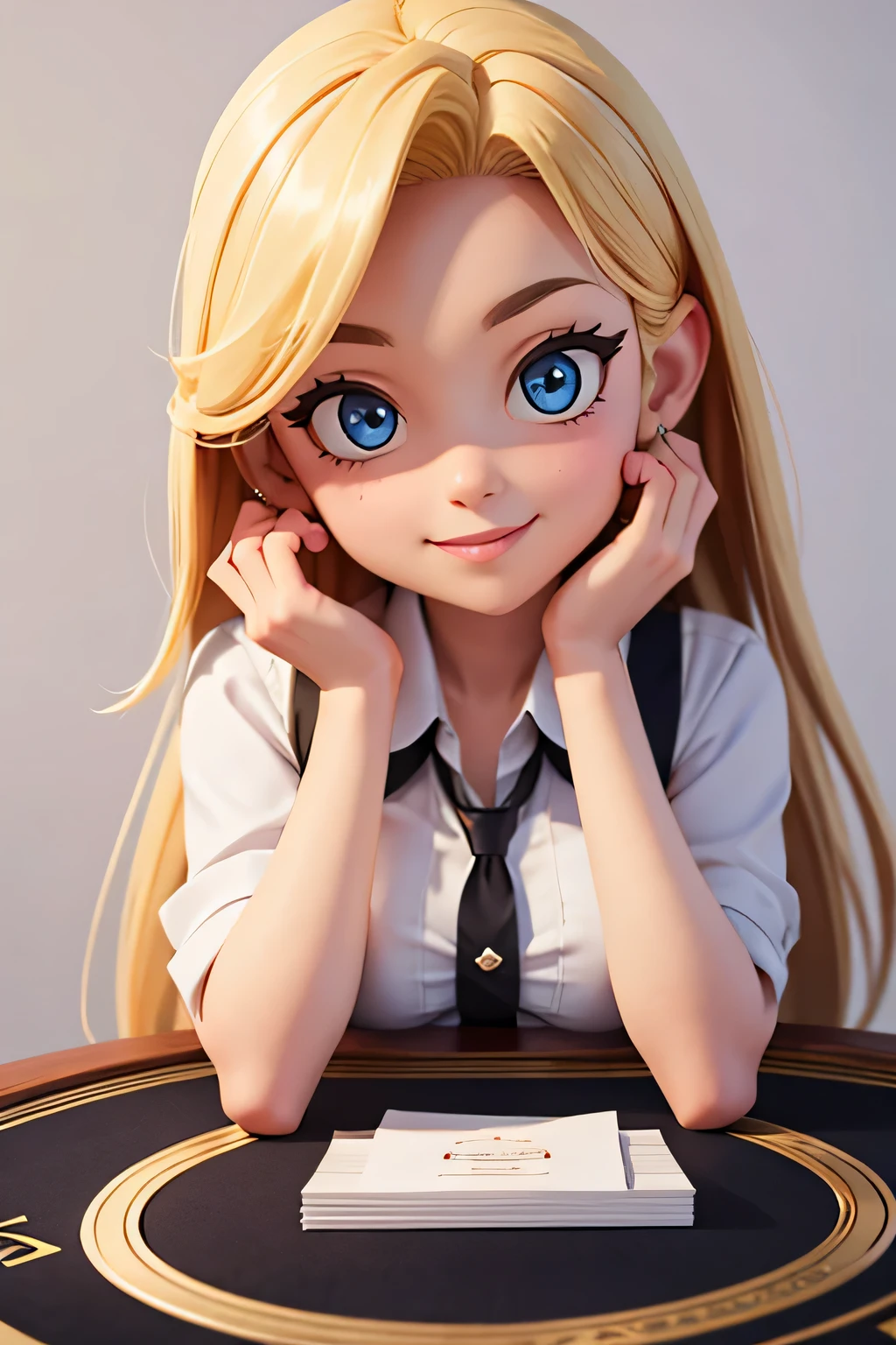a girl,8k highly detailed, casual games, , 3D art style, Half body photo,dealer,White background,big eyes,blond,Lovely,dealer,,solid color background,long hair,Smile,full,proudly,Sexy