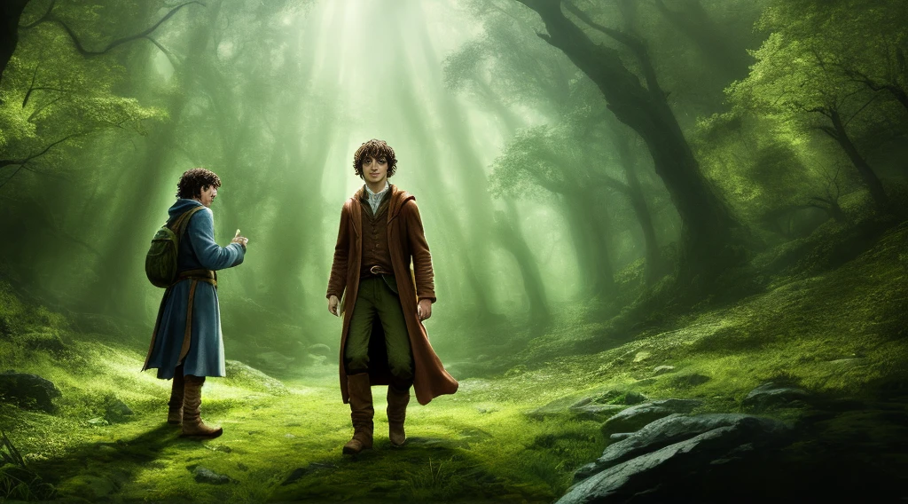 (extremamente detalhado 8k wallpaper), um plano amplo com dois personagens, one being Frodo from Lord of the Rings and the other Harry Potter, em sua floresta, themed background, Cinematic Filters, Dynamic Posture, Intricado, alto detalhe, dramatic, (extremamente detalhado), ultra-detalhado
