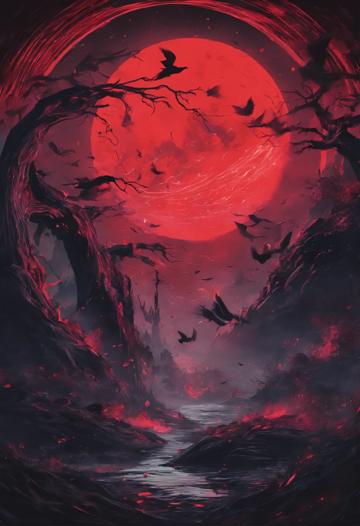 Splash art, red moon in the center/middle, ((dark background)), flying crows, epic Instagram, artstation, splash style of colorful paint, contour, hyperdetailed intricately detailed , unreal engine, fantastical, intricate detail, splash screen, complementary colors, fantasy concept art, 8k resolution, deviantart masterpiece, oil painting, heavy strokes, paint dripping, splash arts
