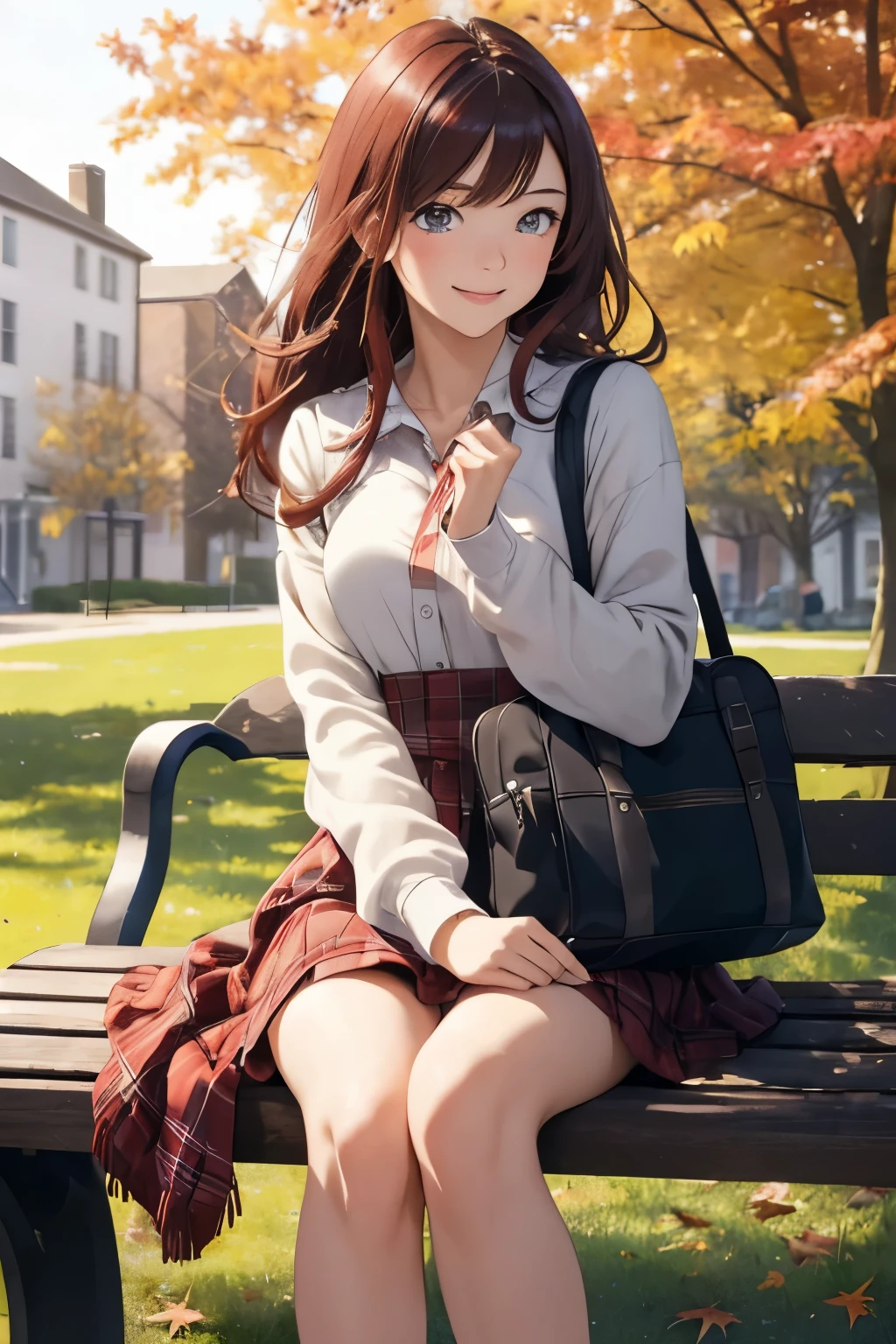 Masterpiece, high resolution, 1 girl, Women with Growing Hair, Reddish Tinge, Twinkling Stars Eyes, revealing Curiosity and Love for Life,
Sitting on a bench,
Autumn leaves falling scene,
Sunlight Filtering through,
Dress casual, no specific clothing mentioned,
Smiling affectionately,
Book in hand, title unseen,
Campus scenery in the background,
Schoolbag beside her,
Enthusiastic expression,
Eager anticipation for new intellectual adventures.

Masterpiece, top quality, realistic, Women with Hair, Reddish Tinge, Eyes Twinkling with Bright Stars,
Stand