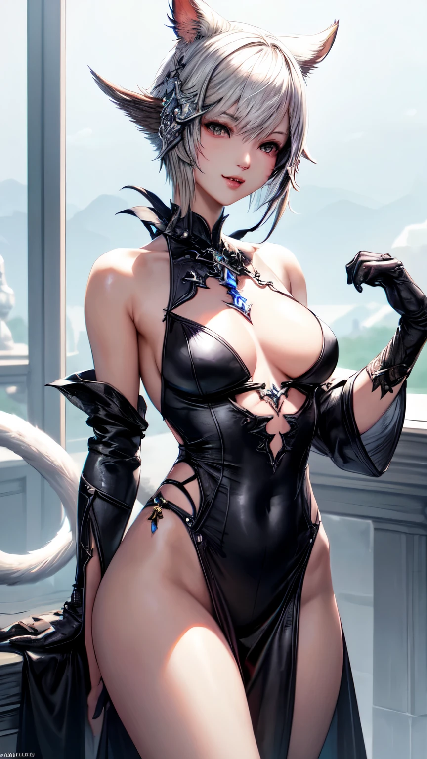 Masterpiece, perfect anatomy, super high resolution, one woman, ((Final Fantasy 14, Y'shtora)), cat ears, silver hair, short hair, shaved back, small breasts, shining eyes, (white eyes), seductive smile, glossy lips, closed lips, black wizard's robe, cat's tail,