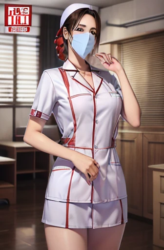 red nurse, 1womanl, Nurse, Nurse Cap, Redware, ((Red legwear, zettai ryouiki)), Red Elbow Gloves, Silver hair, Blue eyes, ((White surgical mask, Cover the nose)), Standing, ((surgery room)), sharp outline, Short sleeves, a matural female, 35 year old, Best Quality, masutepiece ,oversize boobs