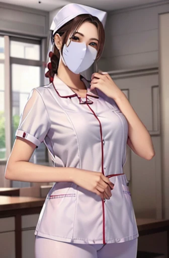 red nurse, 1womanl, Nurse, Nurse Cap, Redware, ((Red legwear, zettai ryouiki)), Red Elbow Gloves, Silver hair, Blue eyes, ((White surgical mask, Cover the nose)), Standing, ((surgery room)), sharp outline, Short sleeves, a matural female, 35 year old, Best Quality, masutepiece ,oversize boobs