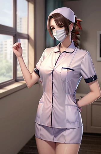 red nurse, 1womanl, Nurse, Nurse Cap, Redware, ((Red legwear, zettai ryouiki)), Red Elbow Gloves, Silver hair, Blue eyes, ((White surgical mask, Cover the nose)), Standing, ((surgery room)), sharp outline, Short sleeves, a matural female, 35 year old, Best Quality, masutepiece ,oversize boobs
