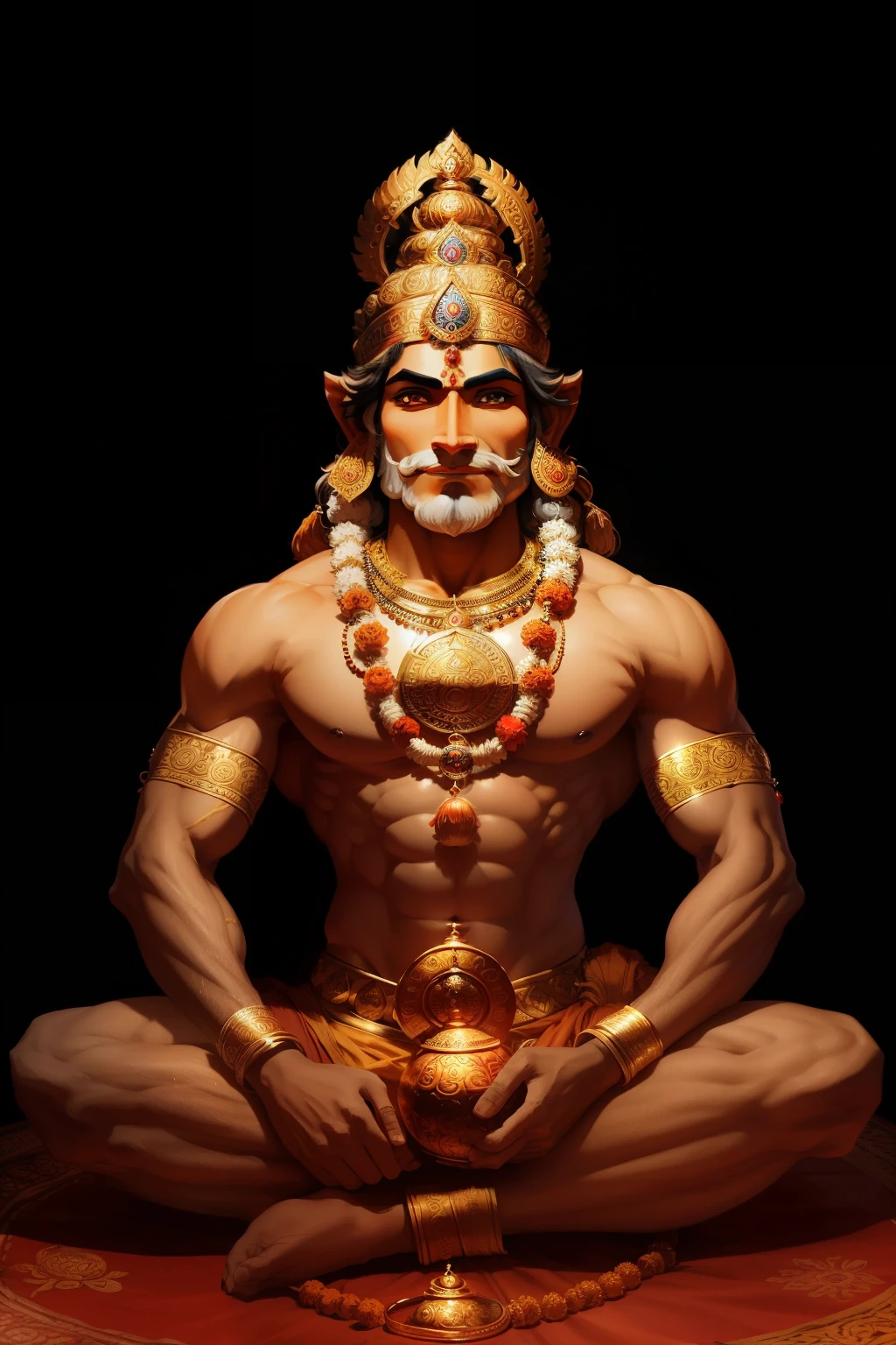 Create intricately detailed and authentic AI representations of Shree Ram, Sita Ji, Lakshman Ji, and Hanuman Ji, with a focus on their distinctive character traits and facial features that resonate with the profound spiritual and cultural symbolism embedded in Indian religious tradition. The images should evoke a deep sense of connection and reverence towards these revered personalities, as they are integral figures in Indian mythology and folklore.

Shree Ram, the embodiment of righteousness and virtuousness, is depicted with a chiseled jawline, piercing eyes, and a noble expression. His forehead bears the sign of the sacred "Tilak," and his chest is decorated with intricate gold