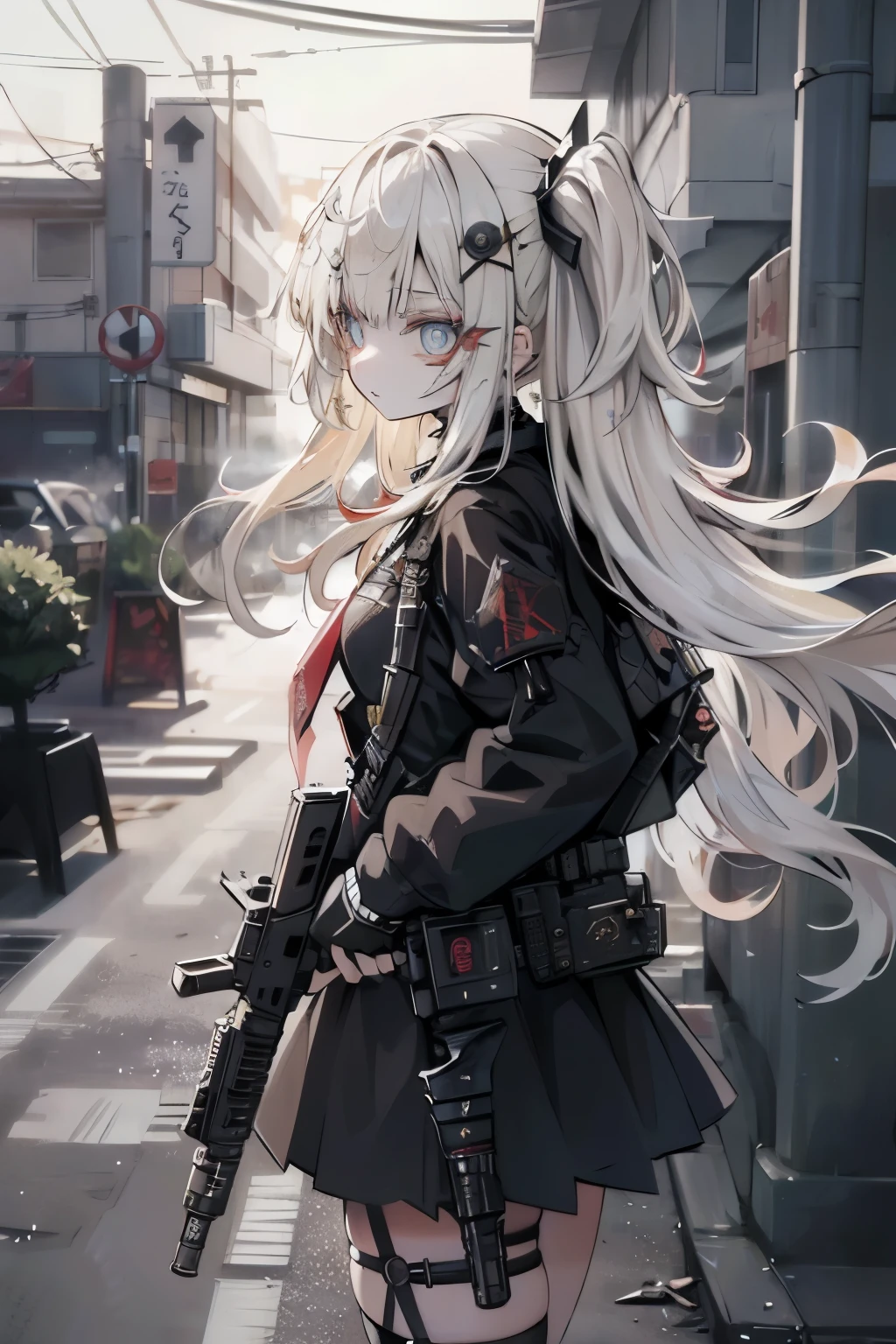 {{Masterpiece, top quality, highly detailed CG, unified 8k wallpaper, movie lighting, lens flare}}, 1 girl holding a rifle through the wall, wide view, thick body, long blonde hair soaring in the wind, green eyes, (holding a weapon, holding a rifle, aiming, aiming: 1.4), gun, h&k hk416, carbine, open fire, rubble, ruins of conflict areas, plumes, nitric smoke, blast waves, Flying bullets, sniper, 35mm, f/1.8, night, blue eyes, war, explosion