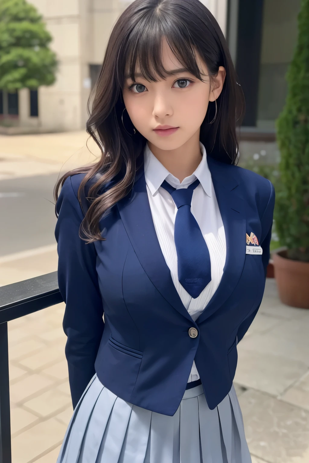 8K, highest quality, real image, intricate details, Super detailed, ultra high resolution, depth field,(realistic,realistic:1.2), frontal shot , From the middle , 1 girl, eye_Chan, very beautiful 17 year old girl, innocent big eyes,、beautiful breasts:1.5、非常に詳細なeye:1.2)、(beautiful breasts:1.1)、wavy hair、curly hair、bangs、, perfect skin, Fair skin, cleavage, tight waist, huge breasts、light blush, alone、 looking at the viewer, ((School_uniform),(dark blue blazer), (white shirt、Wearing a tie), (gray pleated skirt), (sculpture installation :1.1)、High School Hallway