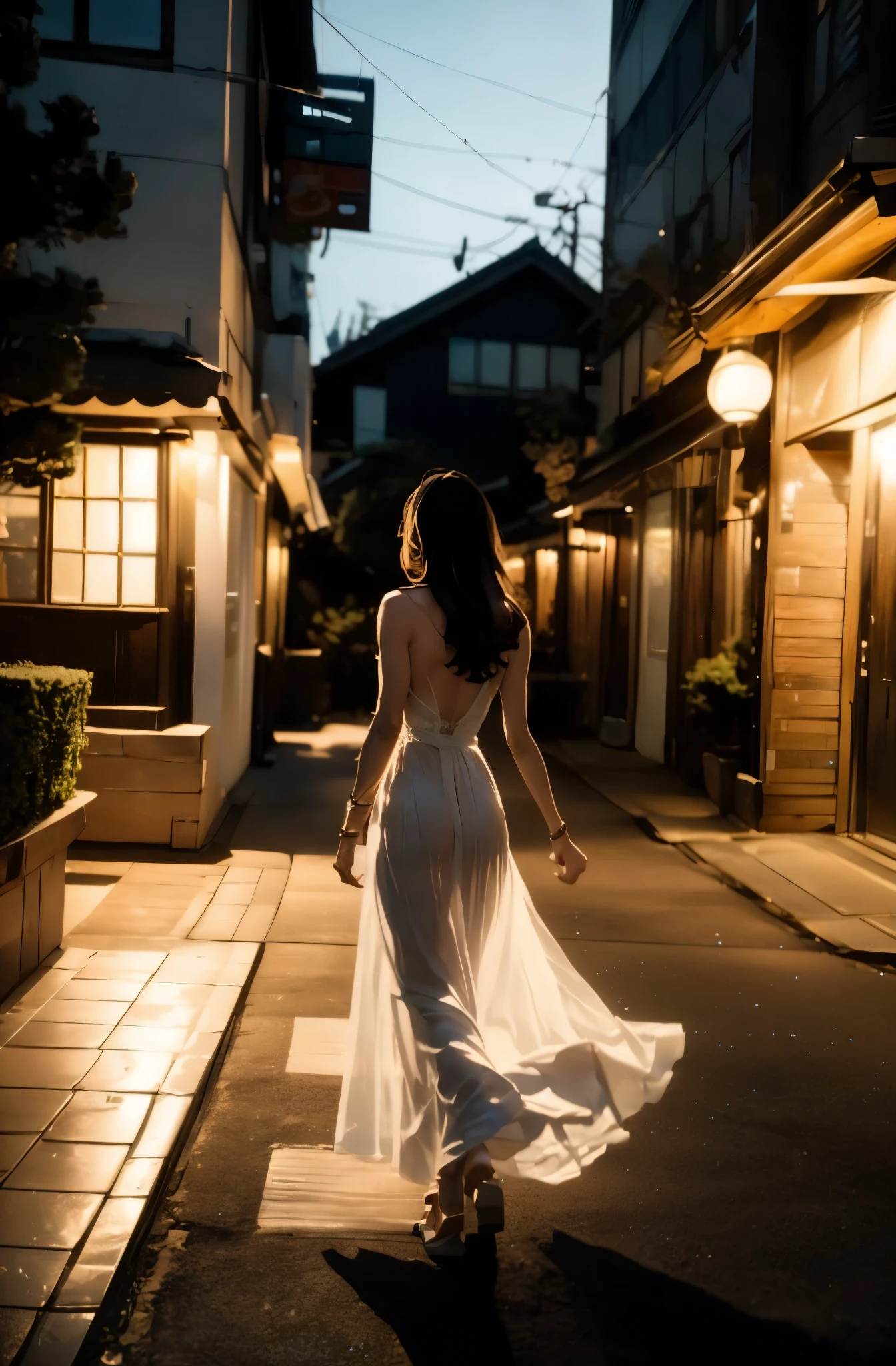 Woman in white dress walking on sidewalk，White picket fence in the background, She wears a long white flowing dress, night, girl dancing in white dress, 夏日的evening, 温和的shadow, a woman walking, evening, shadow play, approaching shadow, Wearing a flowing dress, 软shadow, wearing white clothes, shadow, shadow中的女性形象, Inspired by Ruth Orkin