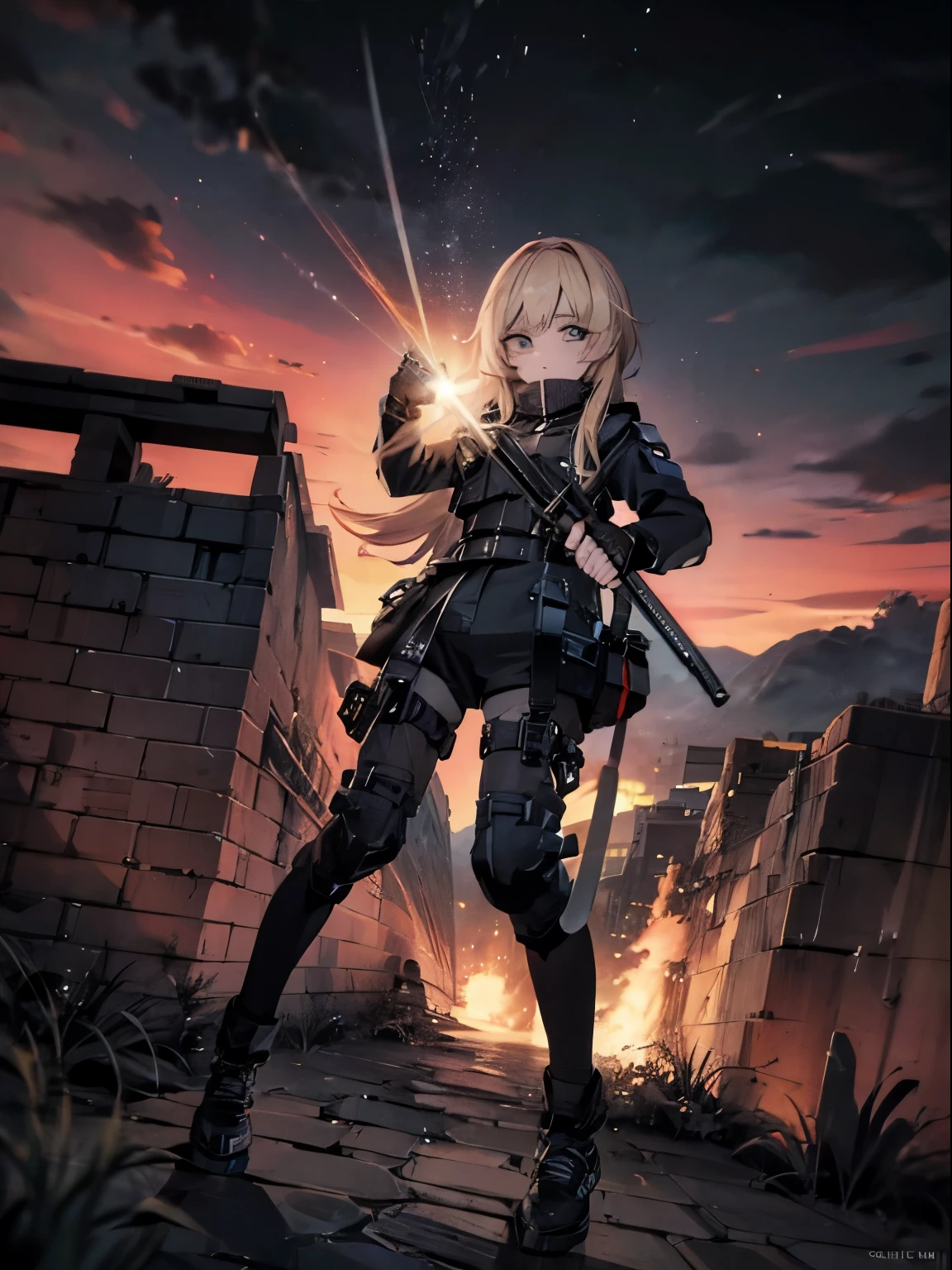 {{Masterpiece, top quality, highly detailed CG, unified 8k wallpaper, movie lighting, lens flare}}, 1 girl holding a rifle through the wall, wide view, thick body, long blonde hair soaring in the wind, green eyes, (holding a weapon, holding a rifle, aiming, aiming: 1.4), gun, h&k hk416, carbine, open fire, rubble, ruins of conflict areas, plumes, nitric smoke, blast waves, Flying bullets, sniper, 35mm, f/1.8, night, blue eyes, war, explosion
