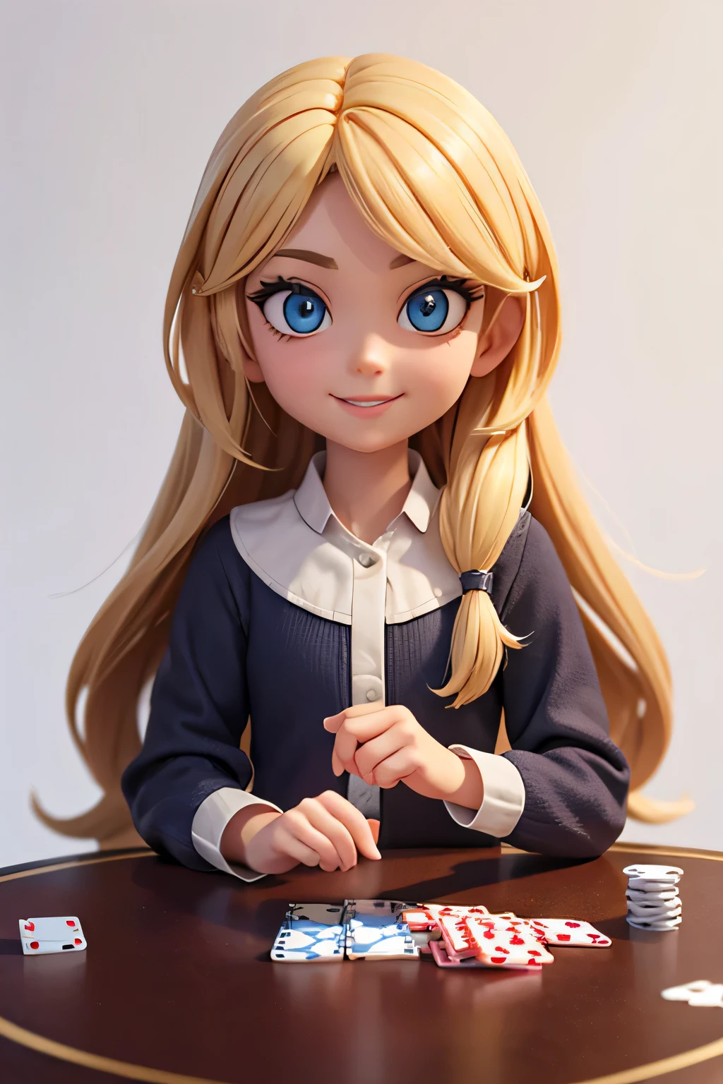 a girl,8k highly detailed, casual games, , 3D art style, Half body photo,dealer,White background,big eyes,blond,charming,dealer,playing cards in hand,mature woman,solid color background,long hair,Smile,