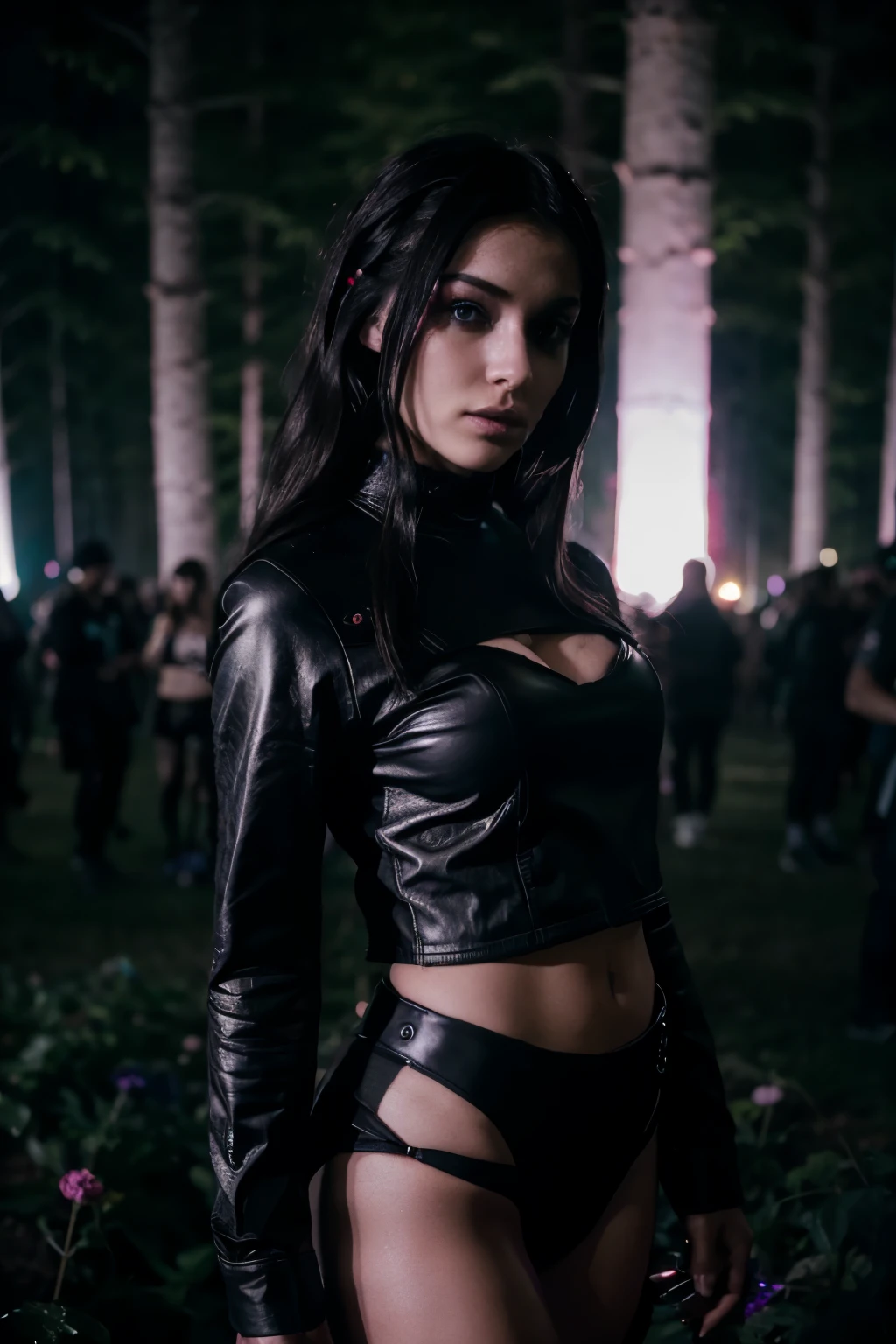 dark vibes, woman model, techno raver, looking badass, no blur, 8k, sexy lady at rave, in rave forest - night time - hope coqueliquot flowers on the groud